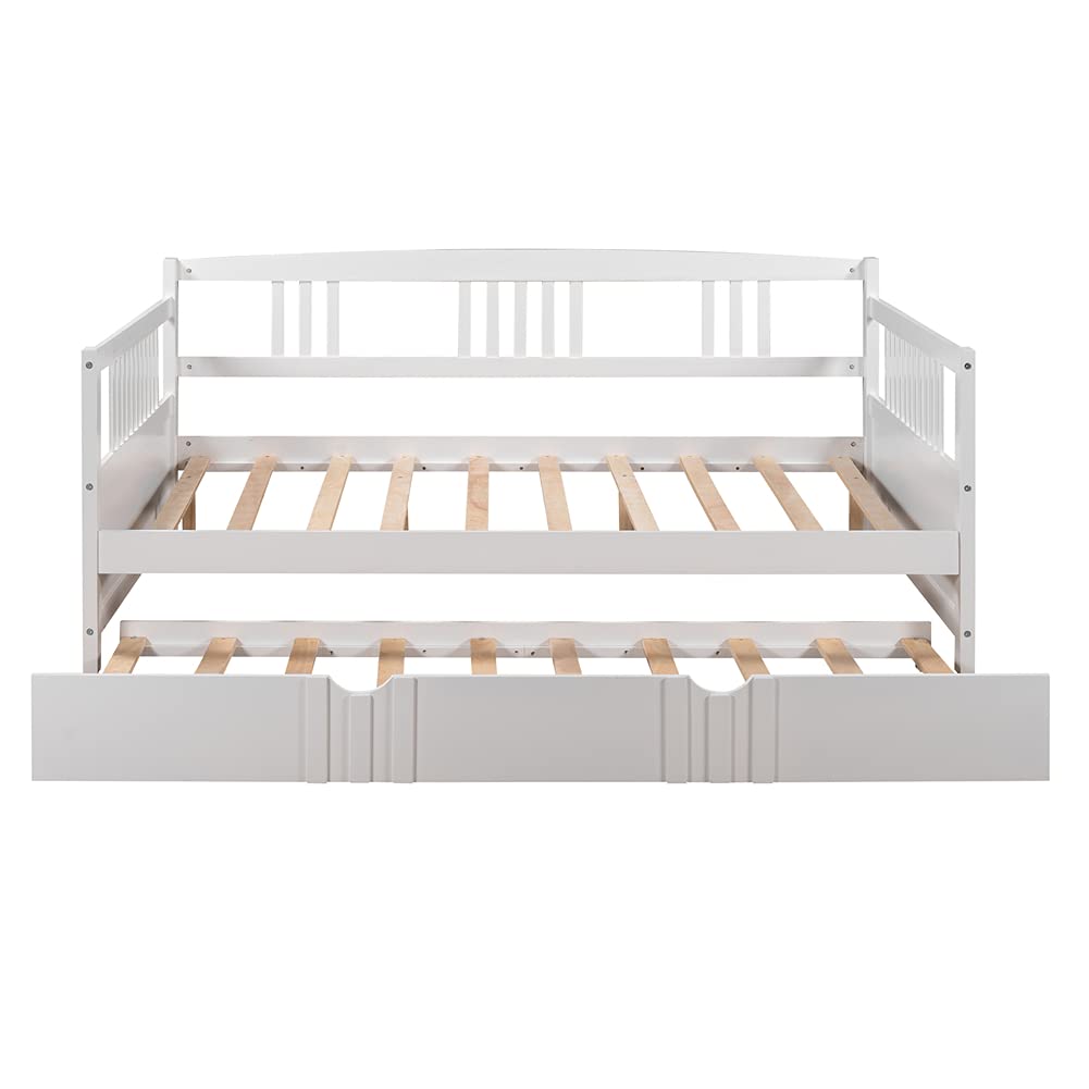 Kids Daybed Sofa Bed with Pull-Out Trundle - White Pinewood Bed Frame with Guardrails & Wood Slats - Space-Saving Furniture for Small Rooms, Guest Bed or Kids Bedroom - Full Size Convertible Sleeper with Wheels