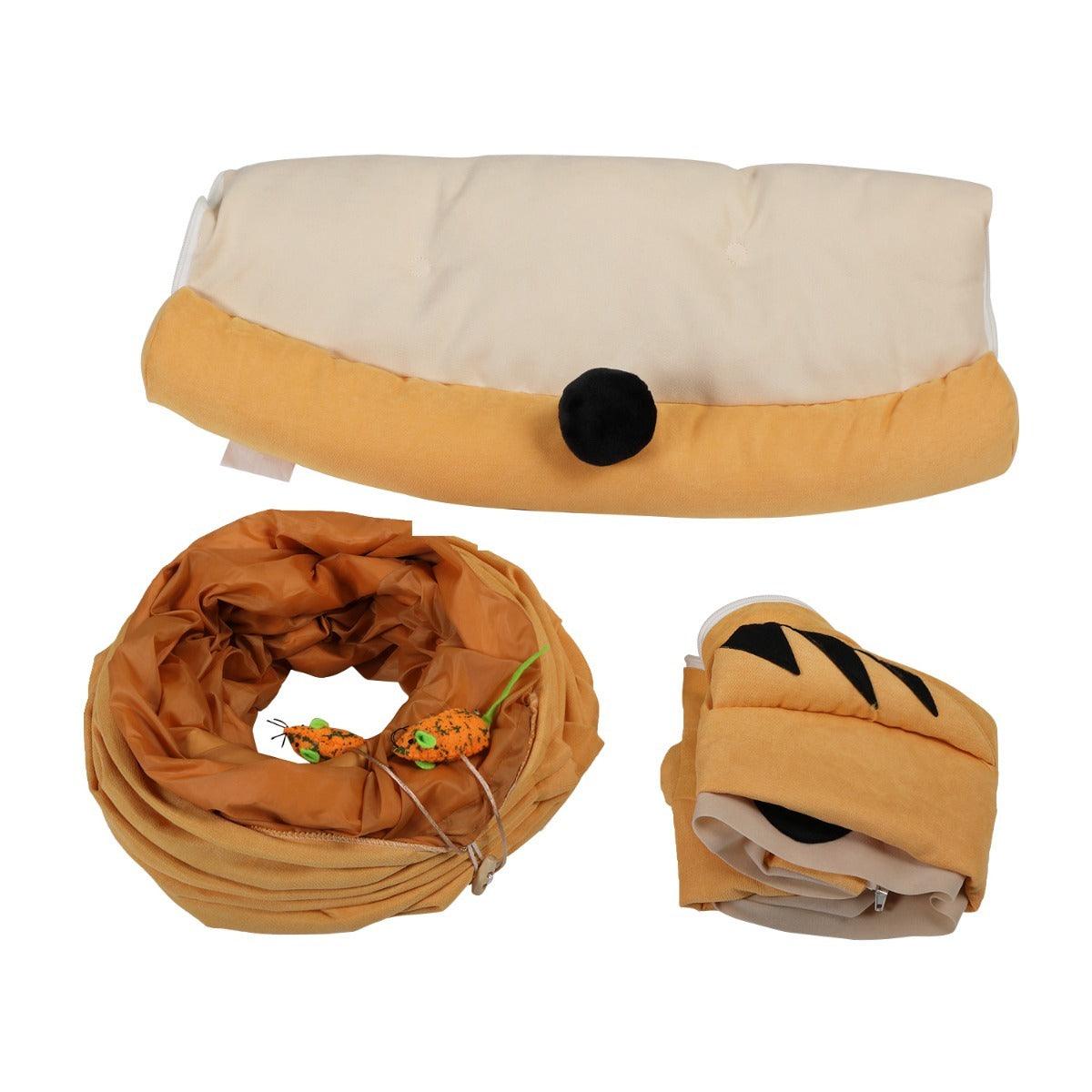 Expandable Cat Tunnel with Cushioned Bed & Teaser Balls - Interactive Play & Nap Space for Indoor Cats - Yellow Pet Nest with Zipper Connection - Feline Toys & Comfort Supplies for Kittens & Adult Cats
