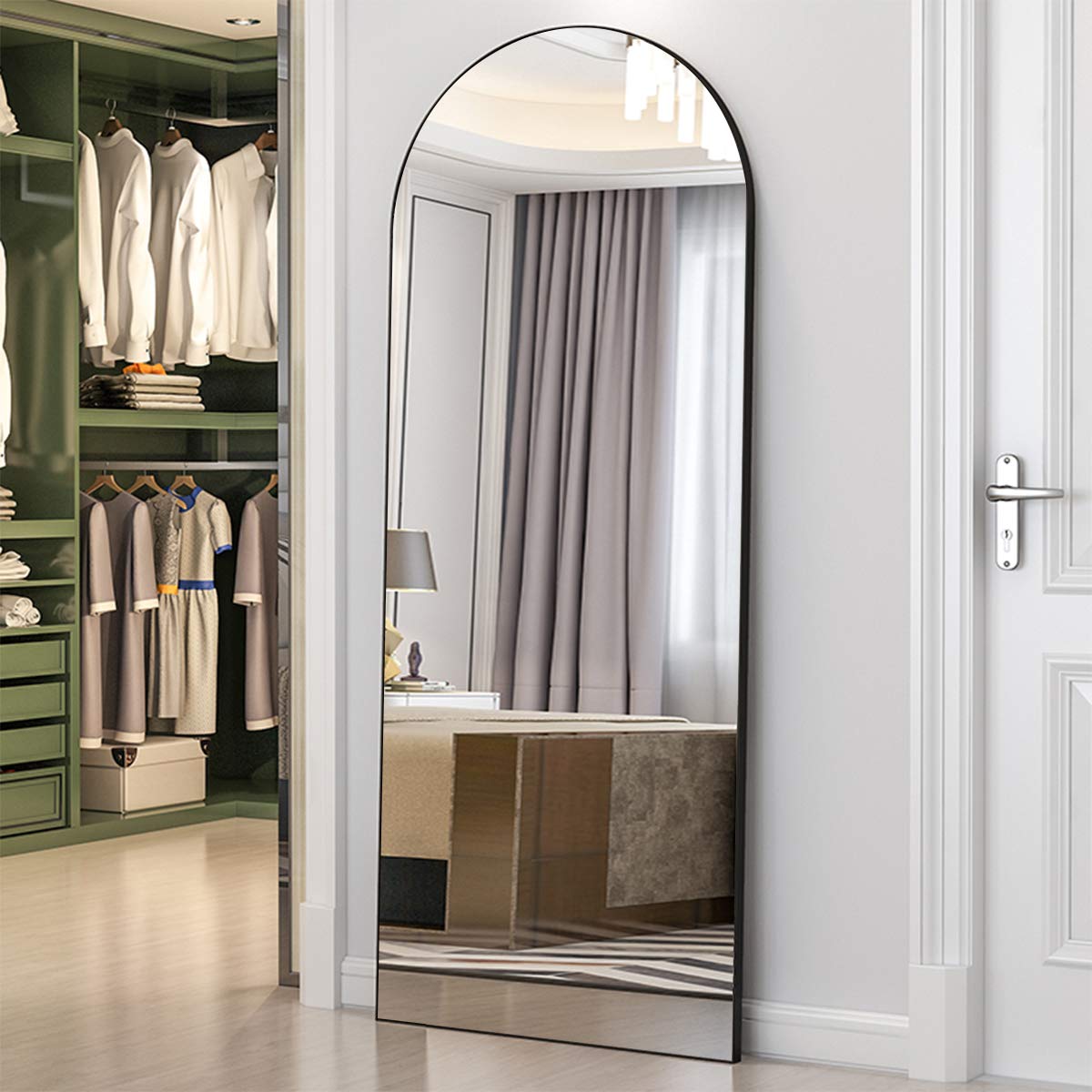XKZG 65x22 Inch Arched Full Length Mirror with Stand - Freestanding or Wall Mounted Full Body Mirror for Bedroom, Living Room, Dressing Room - Elegant Black Finish (65