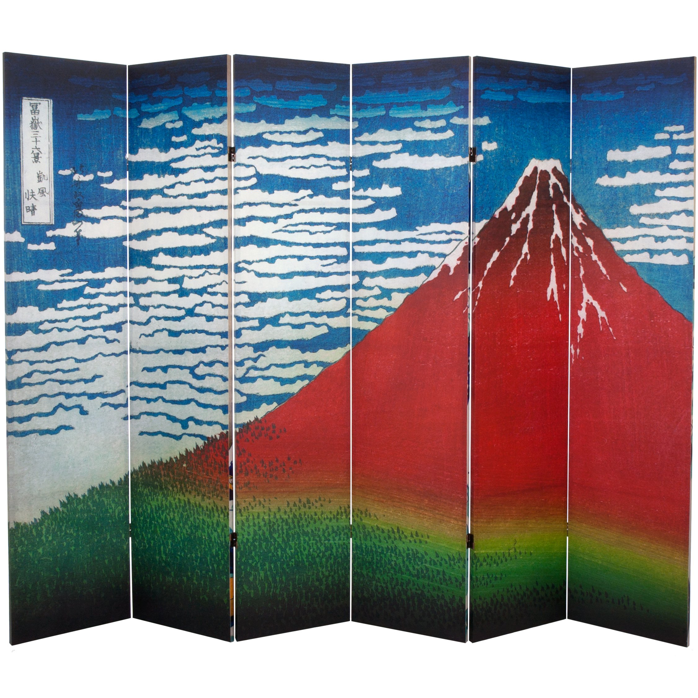 6 ft. Tall Double Sided Hokusai Wave & Red Fuji Japanese Room Divider - 71 Inch Height, 6 Panel Folding Screen - Natural Wood Finish for Home Decor, Office Partition, and Asian-Themed Events