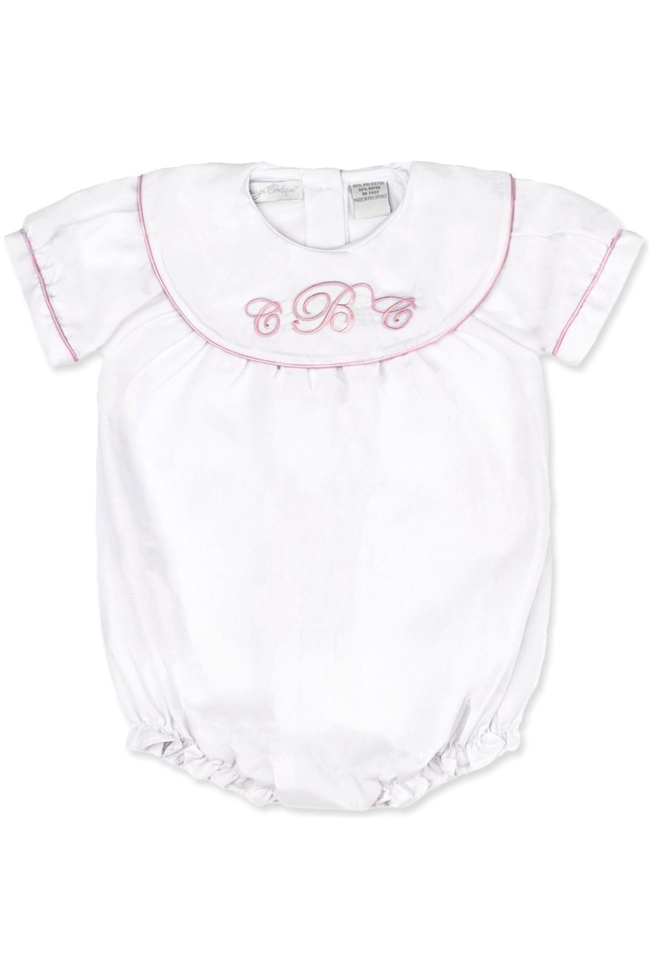 Custom Monogram Baby Girl Bubble Romper with Elegant Collar - Personalized Embroidery Outfit for Newborns, Christening & Photo Shoots