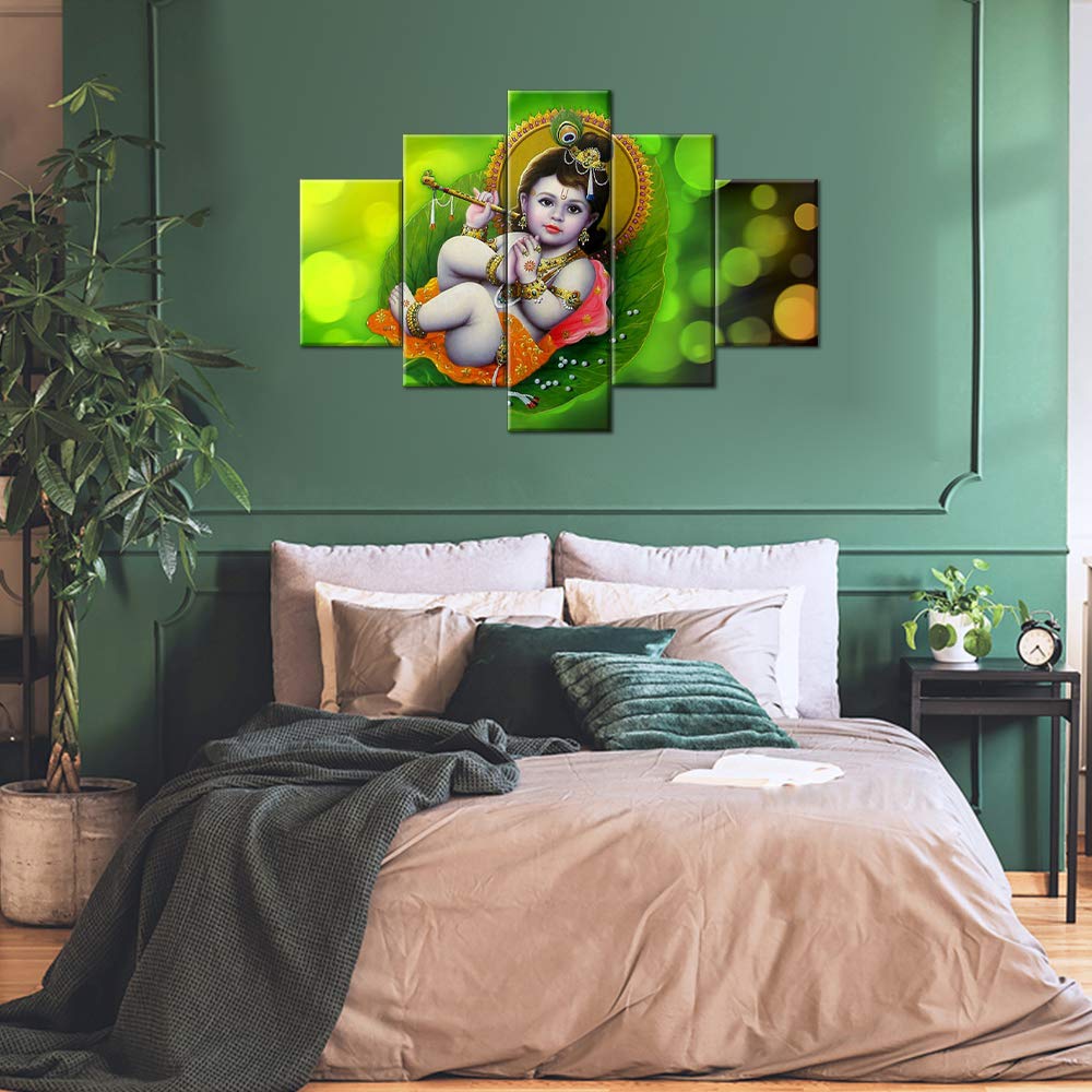 Lord Krishna Wall Art Decor - 5 Piece Framed Canvas Print Set (60''W x 40''H) - Modern Indian God Paintings for Living Room, Bedroom & Home Decor - Ready to Hang Spiritual Artwork - Perfect for Meditation Spaces, Yoga Rooms & Hindu Temples