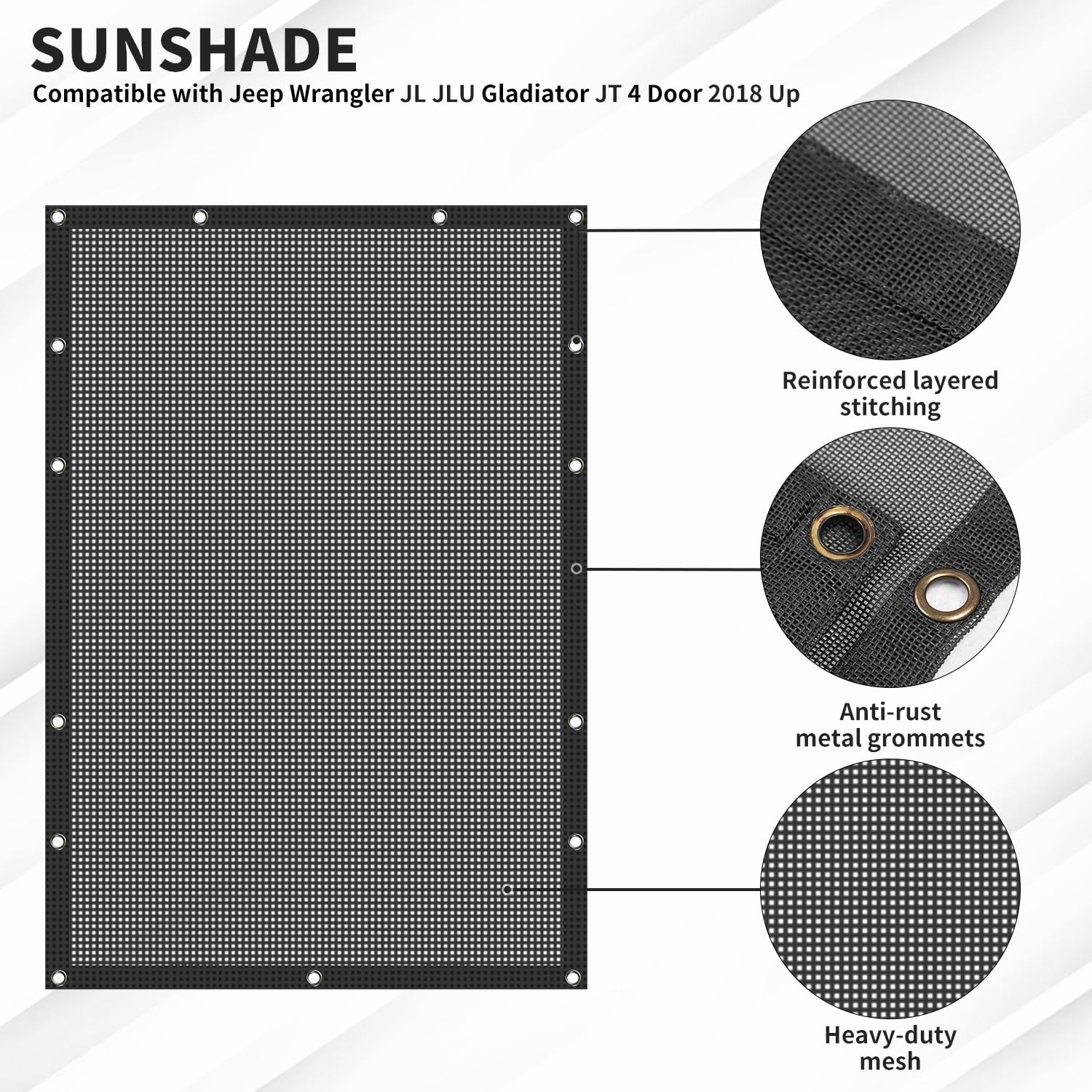 Jeep Wrangler JL JLU & Gladiator JT Sunshade Mesh Top Cover (2018-Up) - Black RT-TCZ Sunroof Shade for 4-Door Models | UV Protection & Heat Reduction for Off-Roading & Summer Driving