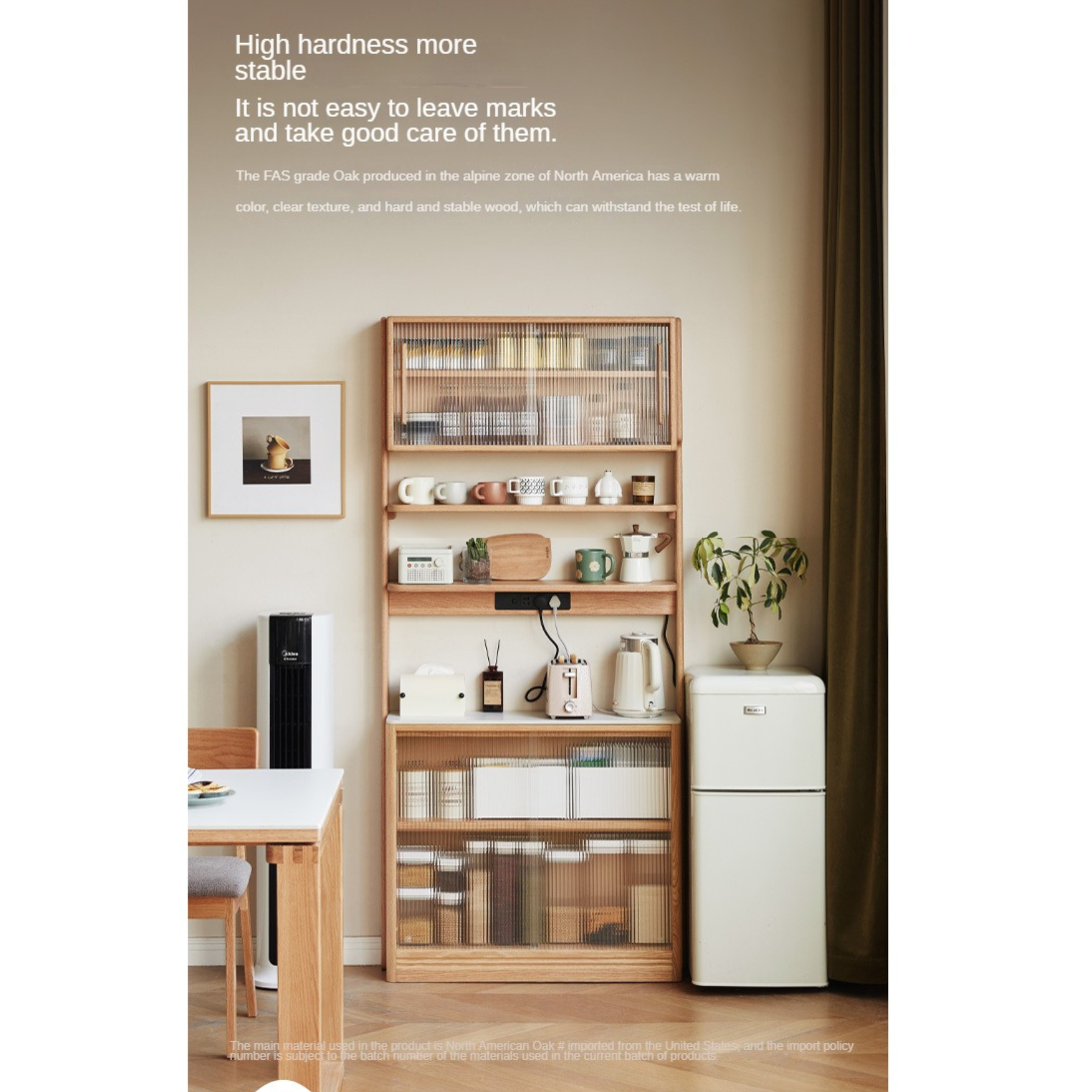 Solid Oak Wood Sideboard with Rock Board Top - Multifunctional Dining Room Storage Cabinet for Kitchen, Living Room & Entryway Organization