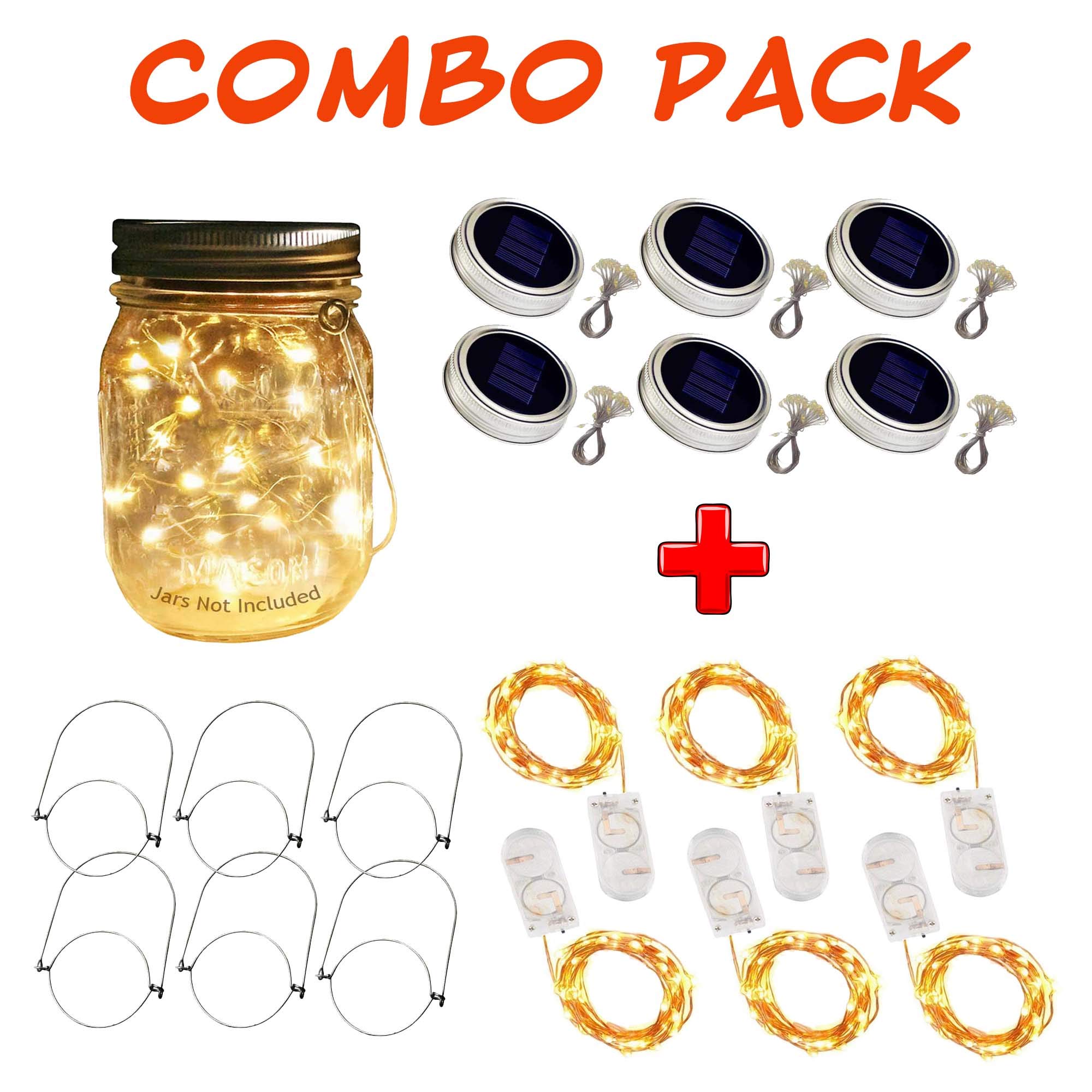 6-Pack Solar Mason Jar Lid Lights with 30 LED Bulbs & 6 Fairy String Lights (20 LEDs Each) - Outdoor Patio, Garden, Wedding, Party Decor - Includes Hangers & Batteries (Jars Not Included)
