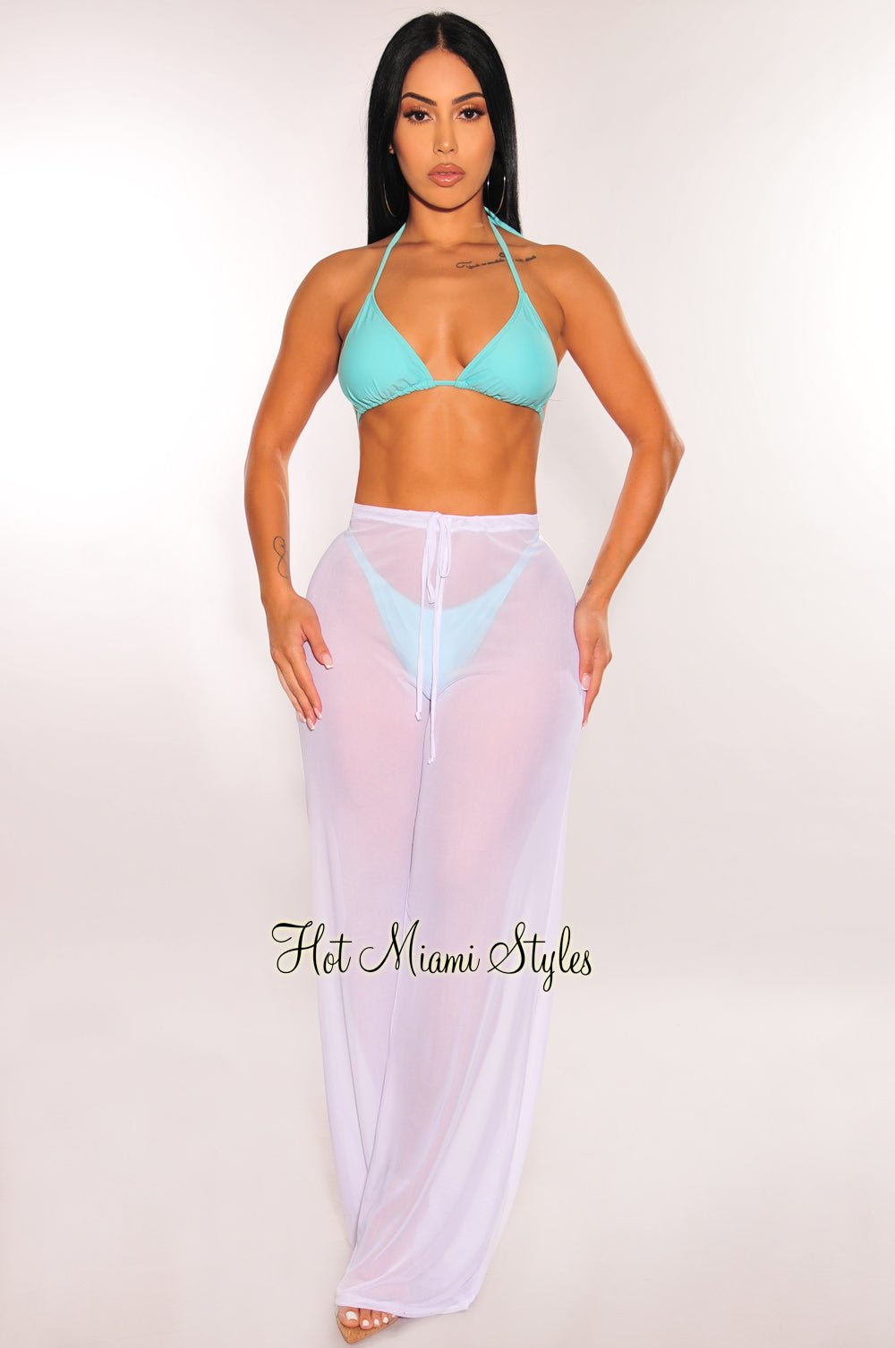 White Mesh Drawstring Palazzo Cover Up Pants - Lightweight Beachwear for Women, Summer Vacation, Poolside Lounging