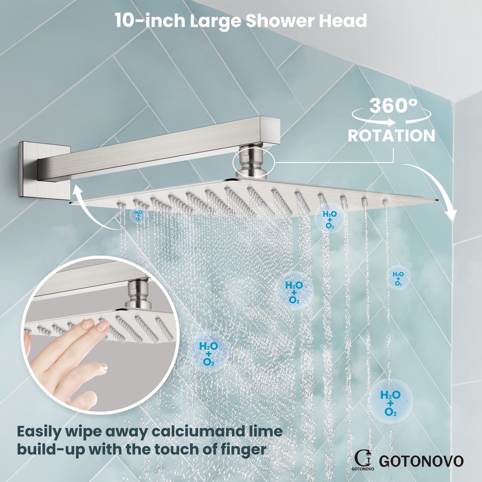Gotonovo Brushed Nickel Rainfall Shower System Set - 10 Inch Shower Head with Handheld Spray, Wall Mount Mixer Valve & Trim Kit for Modern Bathroom | Perfect for Spa-Like Experience and Luxury Home Renovation