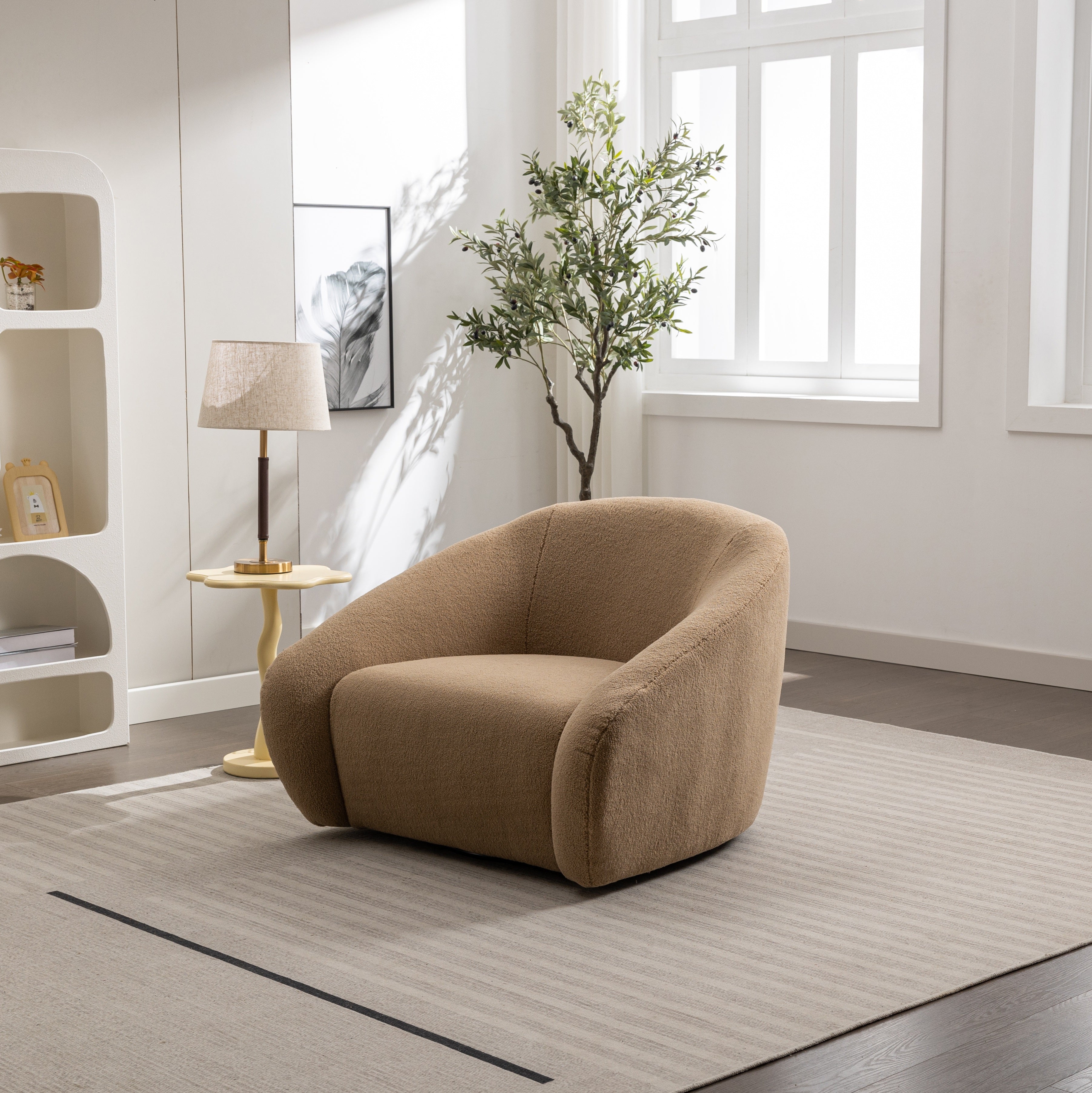 Roundhill Furniture Luzern Modern Boucle Upholstered Accent Chair - 360° Swivel Lounge Chair for Living Room, Bedroom & Office - Soft Fabric Contemporary Seating with Rotating Base