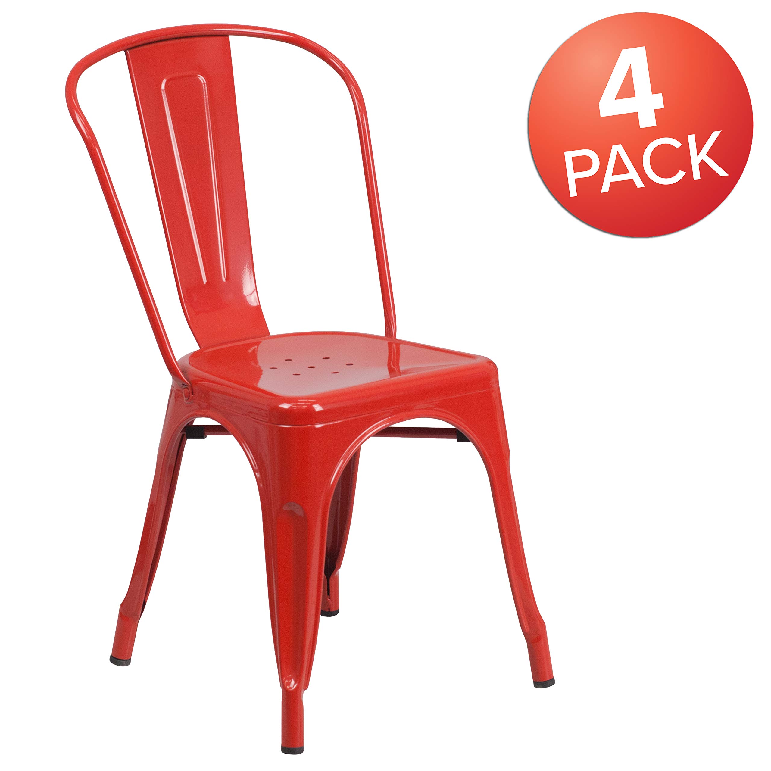 Emma & Oliver 4-Pack Red Metal Stackable Indoor Outdoor Chairs - Durable Bistro & Restaurant Dining Chairs for Patio, Cafe, Garden & Home Decor