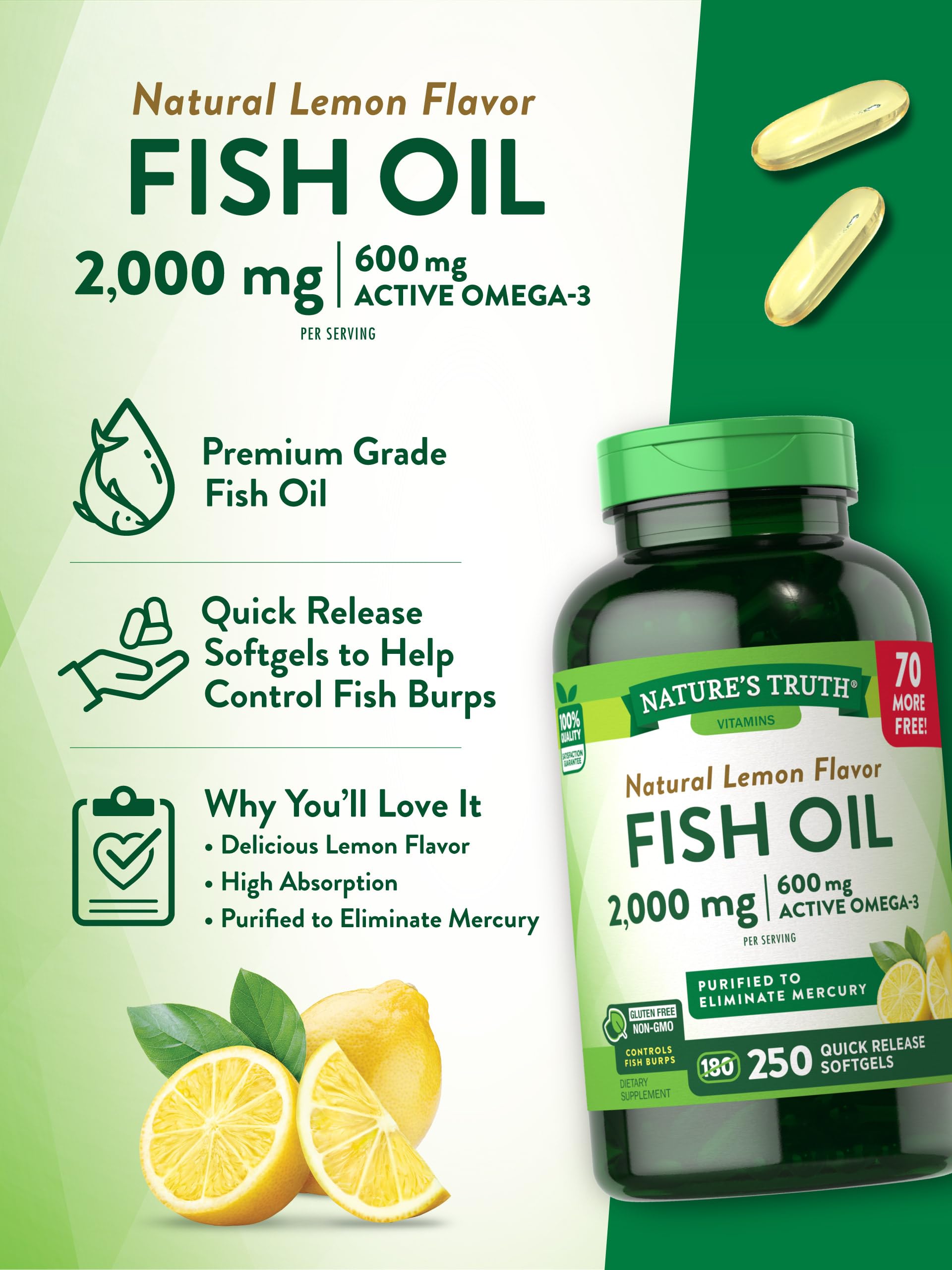 Nature's Truth Fish Oil 2000mg with 600mg Omega-3 | 250 Softgels | Natural Lemon Flavor | Non-GMO, Gluten Free Supplement for Heart & Brain Health | Supports Joint Function & Healthy Cholesterol Levels | Perfect for Daily Wellness Routine & Active Lifestyle