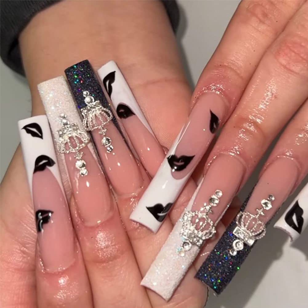 24Pcs Press on Nails - Long Coffin Fake Nails with Glossy Crown Design, Ballerina Clip on Full Cover False Nails for Women & Girls | Perfect for Parties, Weddings, Date Nights & Special Occasions