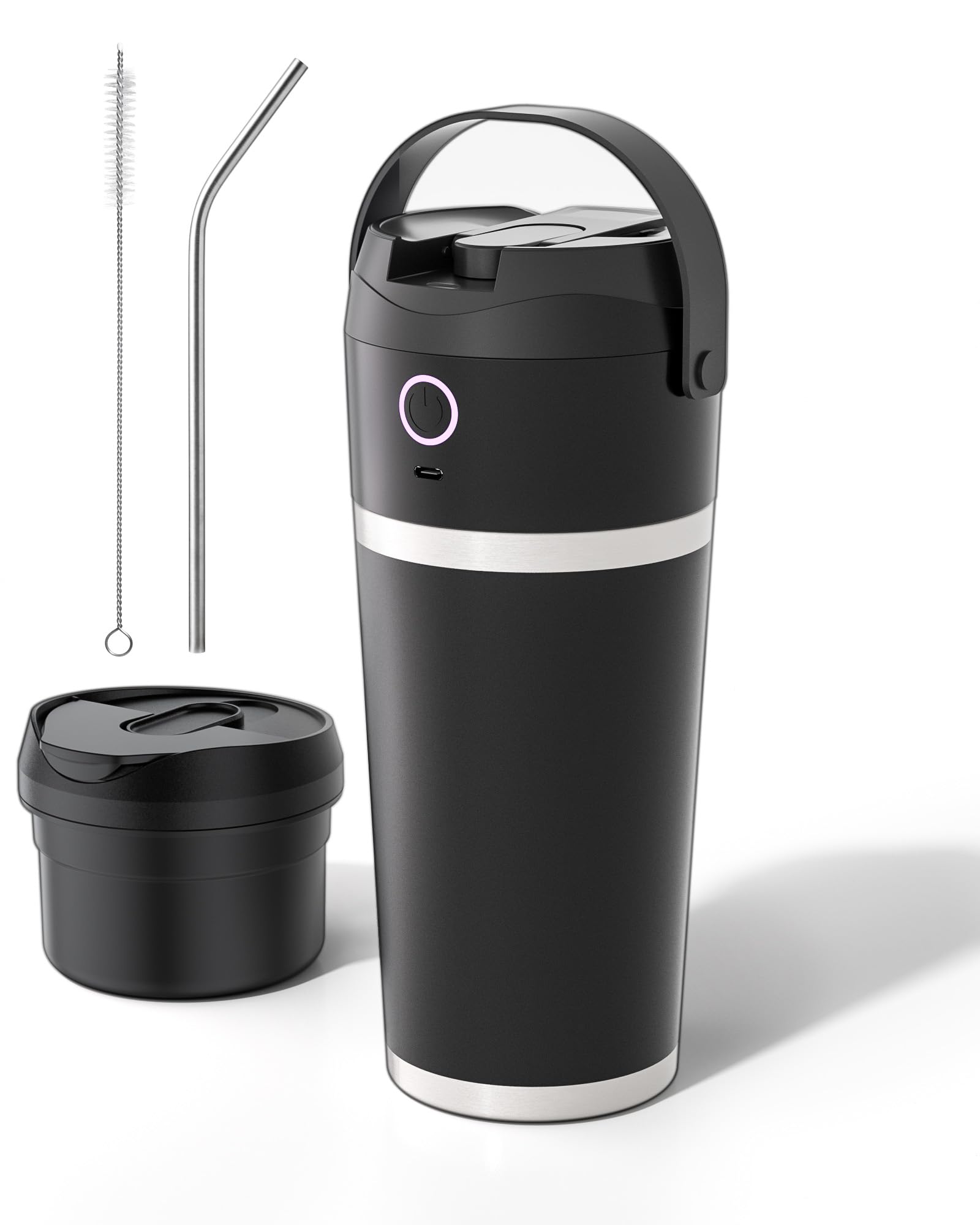 Portable Blender with Insulated Stainless Steel Cup - 20oz Personal Smoothie Maker with 11.1V High-Torque Motor, 24-Hour Cold Retention, USB-C Rechargeable & Self-Cleaning - Perfect for Travel, Gym, Office & Home Use - Includes Travel Lid (Black)