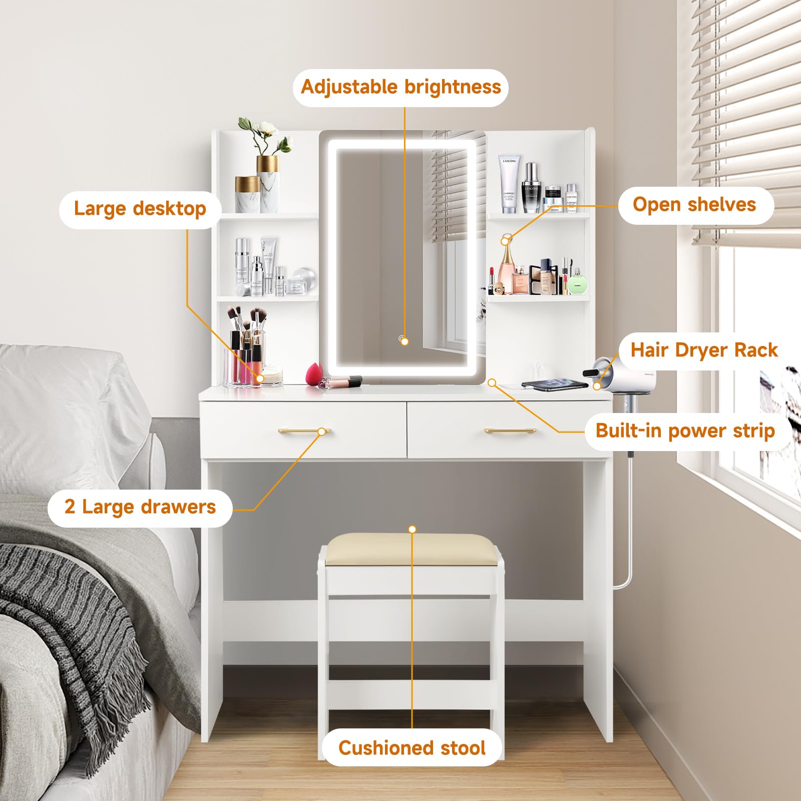 Vanity Set with LED Mirror, Stool & Power Outlet - White Dressing Table with 2 Large Drawers & Built-in Lights - Perfect for Makeup, Skincare & Hair Styling at Home