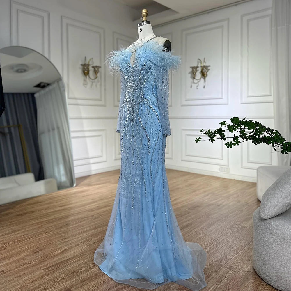 Luxury Dubai Blue Feather Beaded Mermaid Evening Gown for Women - Formal Dresses for Prom, Gala & Special Occasions - Elegant Beaded Sequin Gowns LA72836