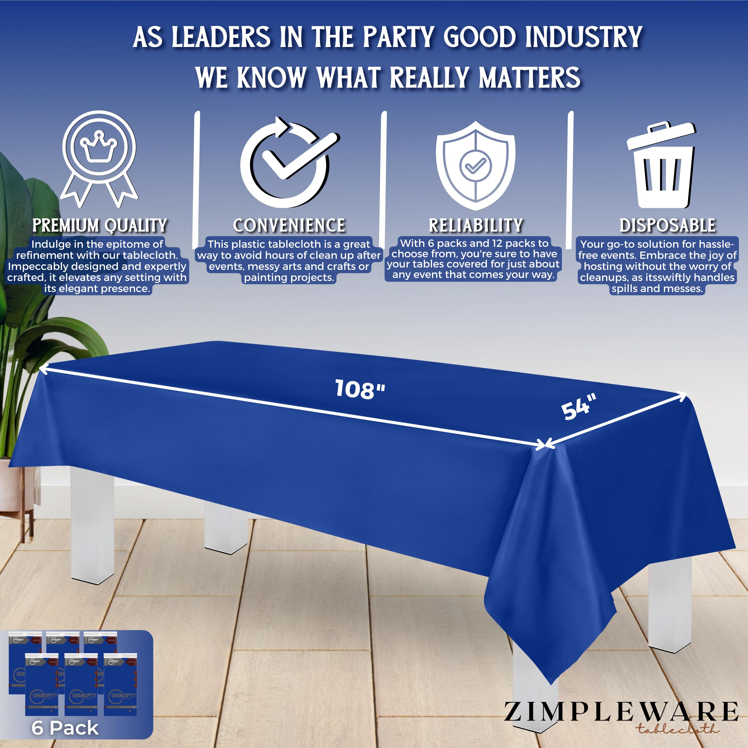Premium Blue Disposable Plastic Tablecloth (6 Pack) - 54x108 Inch Rectangle Table Cover for 6-8ft Tables - Waterproof & Wrinkle-Free for Parties, BBQs, Picnics & Outdoor Events