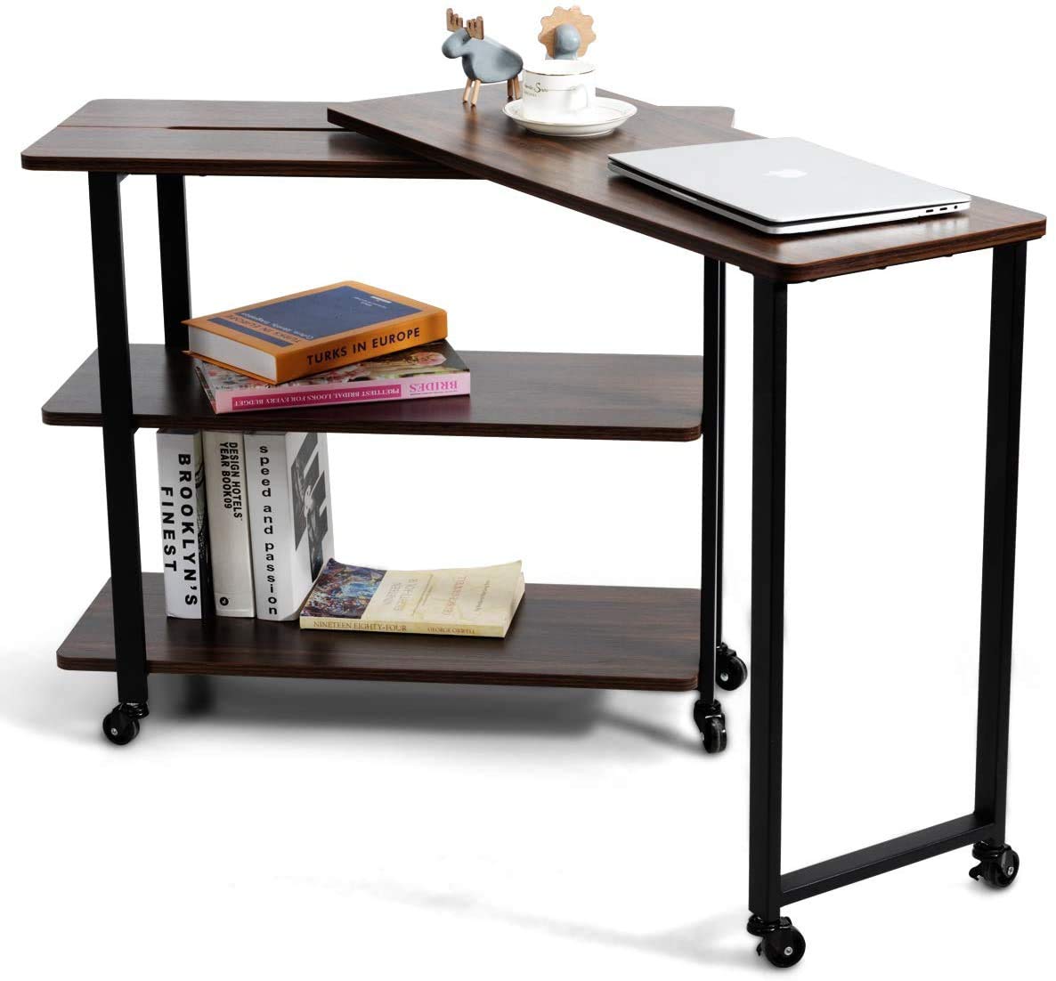 360° Rotating Side Table with 2-Tier Shelves & Wheels - Flexible Wood Movable End Table for Couch, Office, Living Room - Space Saving Coffee Table (Walnut) - Perfect for Small Spaces, TV Snacking & Reading Nooks