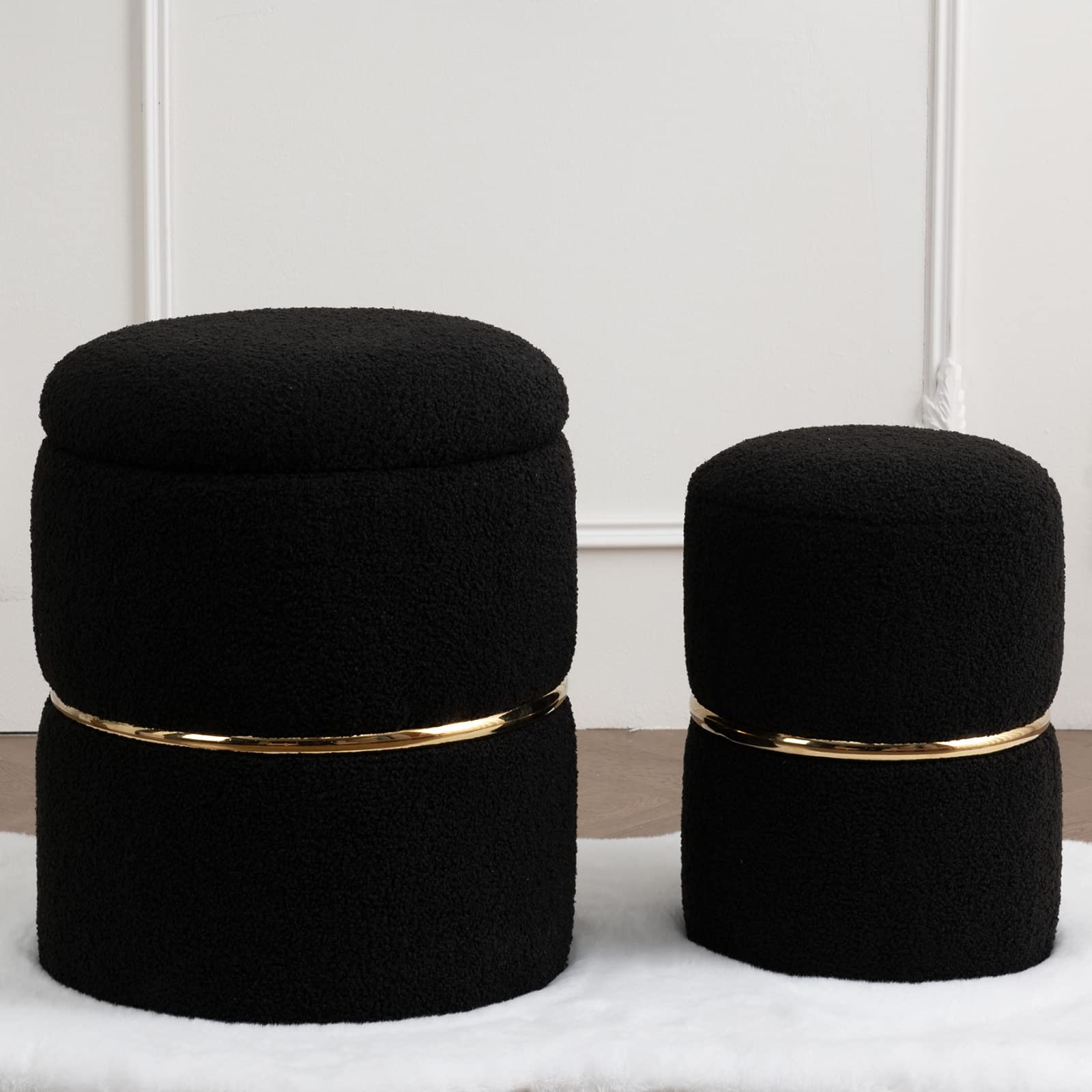 Furnimart Faux Fur Round Storage Ottoman with Gold Metal Hoop - Upholstered Vanity Stool & Foot Rest, Pack of 2 - Perfect for Living Room, Bedroom & Dining Room Decor, Coffee Table Companion & Entryway Seating