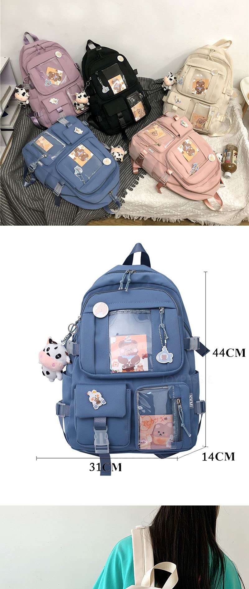 GGOOB Kawaii Backpack for School - Cute Aesthetic Laptop Backpack with Pins & Accessories (Beige) | Perfect for College, Travel & Everyday Use