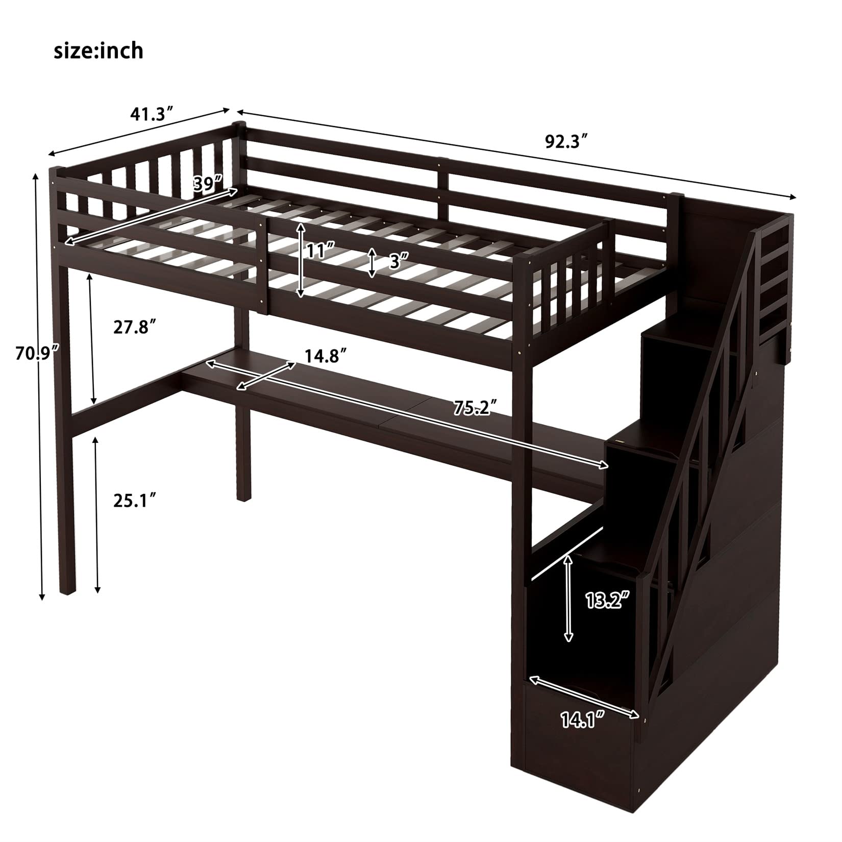 **Twin Loft Bed with Desk & Storage - Sturdy Wood Loft Bed Frame with Staircase - Space-Saving Kids Bed for Boys, Girls & Teens - Espresso Finish - Perfect for Small Bedrooms & Dorm Rooms**