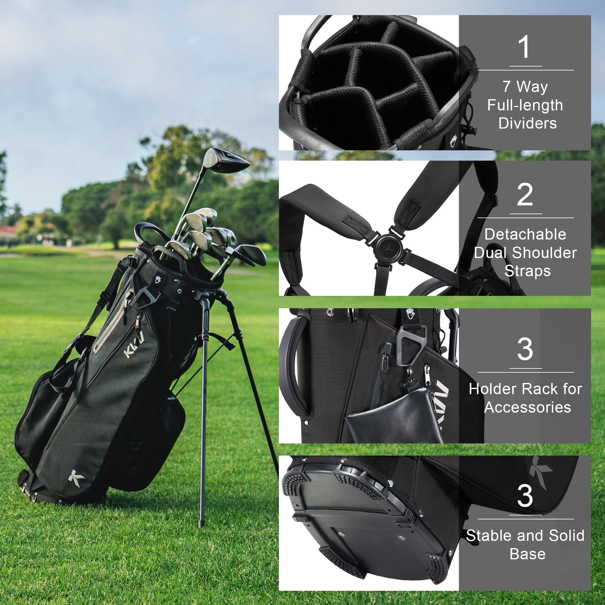 KVV Lightweight Golf Stand Bag with 7-Way Full-Length Dividers & 5 Zippered Pockets - Auto-Adjust Dual Straps, Stylish Design | Perfect for Golfers, Driving Range Practice & Tournament Play