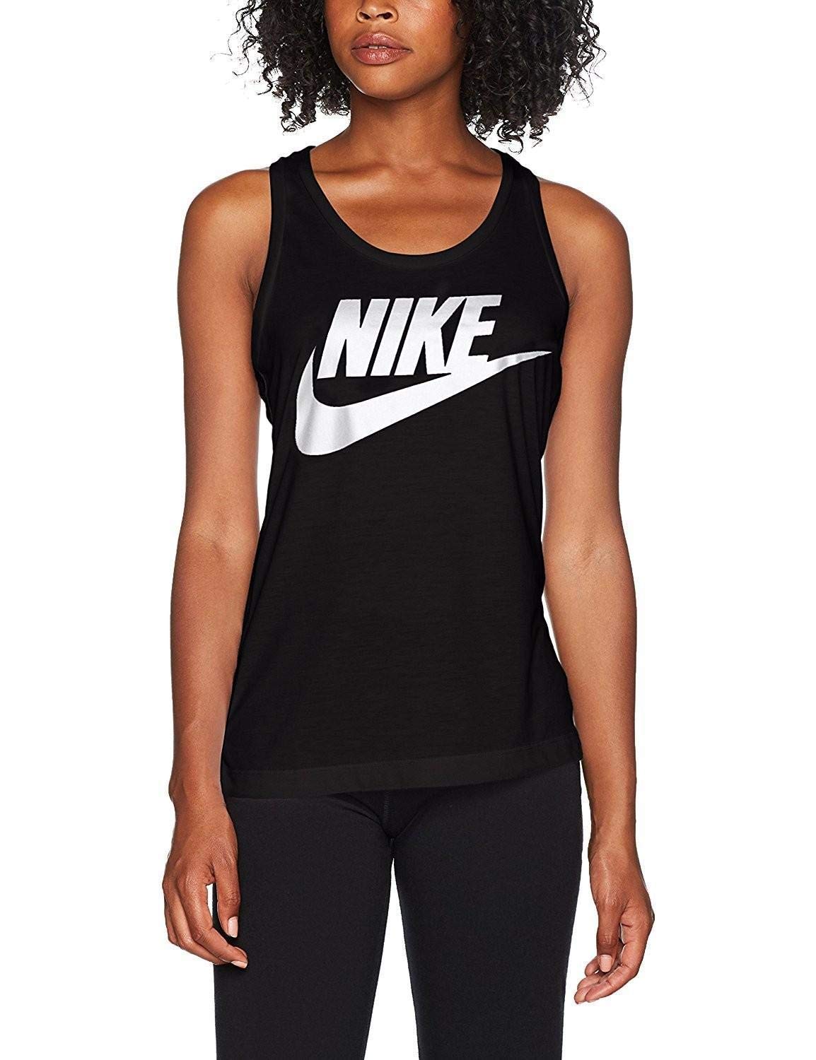 Nike Essential Swoosh Logo Printed Women's Tank Top - Carbon Heather/Black (831731-091) | Athletic Workout, Yoga & Casual Summer Wear