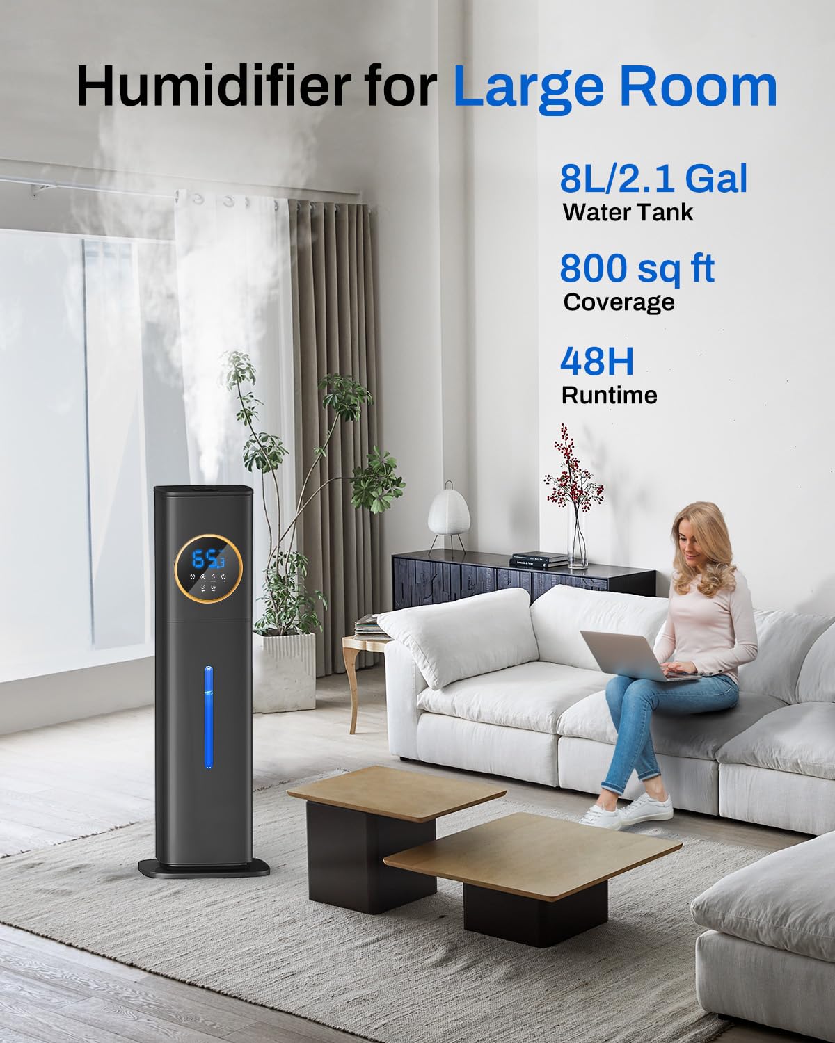 2.1Gal (8L) Large Room Cool Mist Humidifier with Essential Oil Diffuser & Night Light - Top Fill Whole House Humidifier for Bedroom, Plants, Baby, Kids & Adults (Black) | Perfect for Dry Air Relief, Nursery Care & Home Aromatherapy