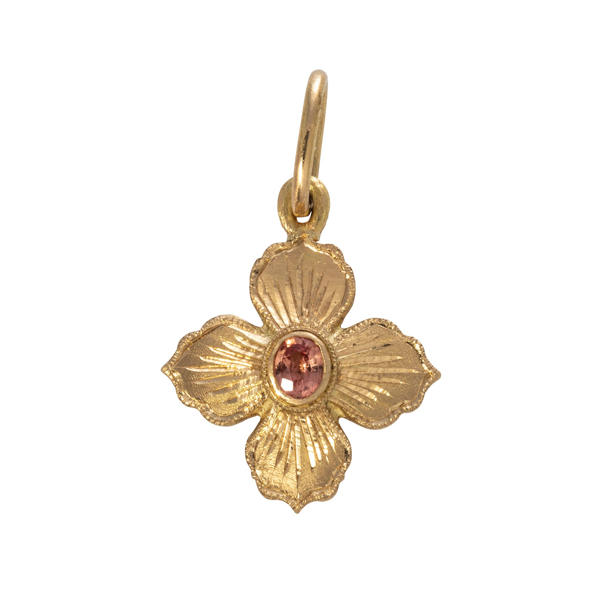 18K Gold Hand-Engraved Pink Sapphire Flower Charm Pendant - Elegant Jewelry Gift for Women, Perfect for Weddings, Anniversaries & Special Occasions
