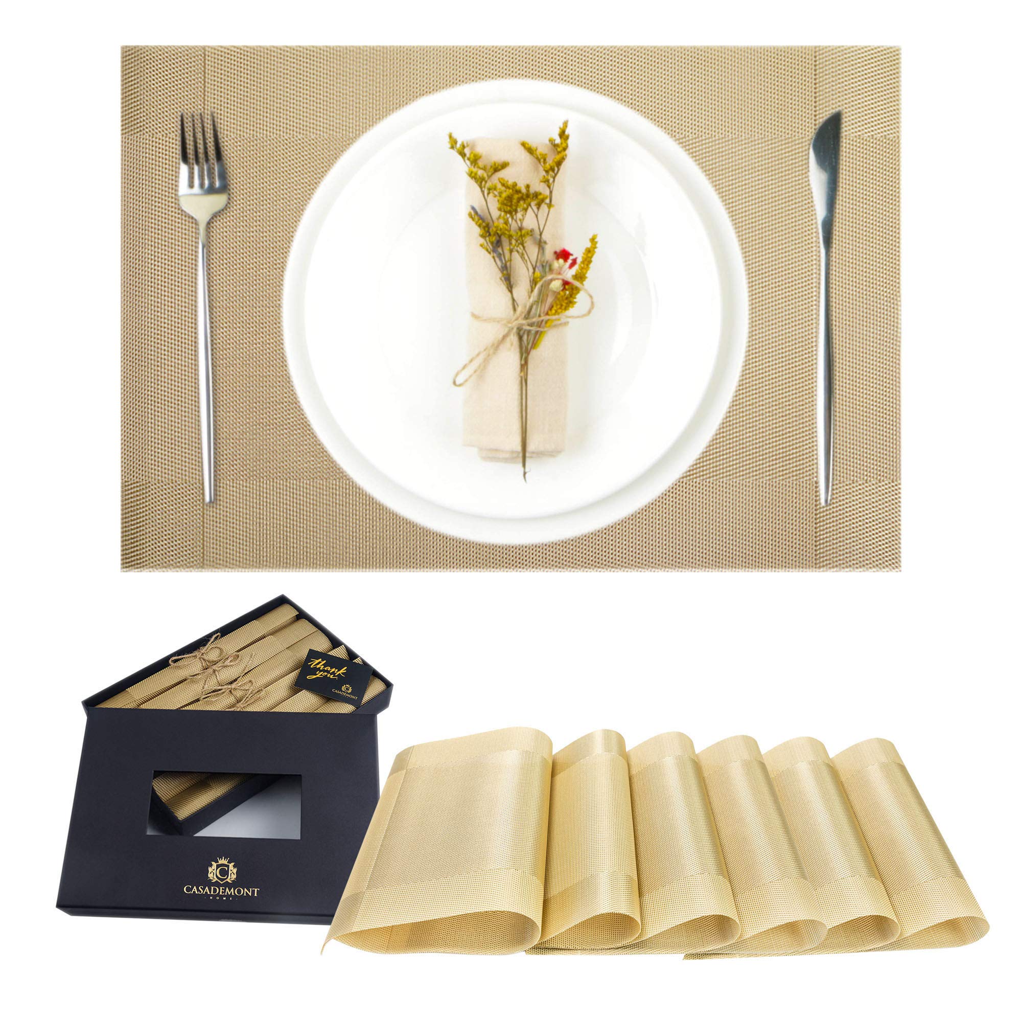 Premium Gold Placemats Set of 6 - 18x12 Inch Heat Resistant Table Mats for Kitchen & Dining | Non-Slip Woven Vinyl Placemats - Waterproof, Washable & Easy Clean | Perfect for Everyday Meals, Dinner Parties & Holiday Gatherings