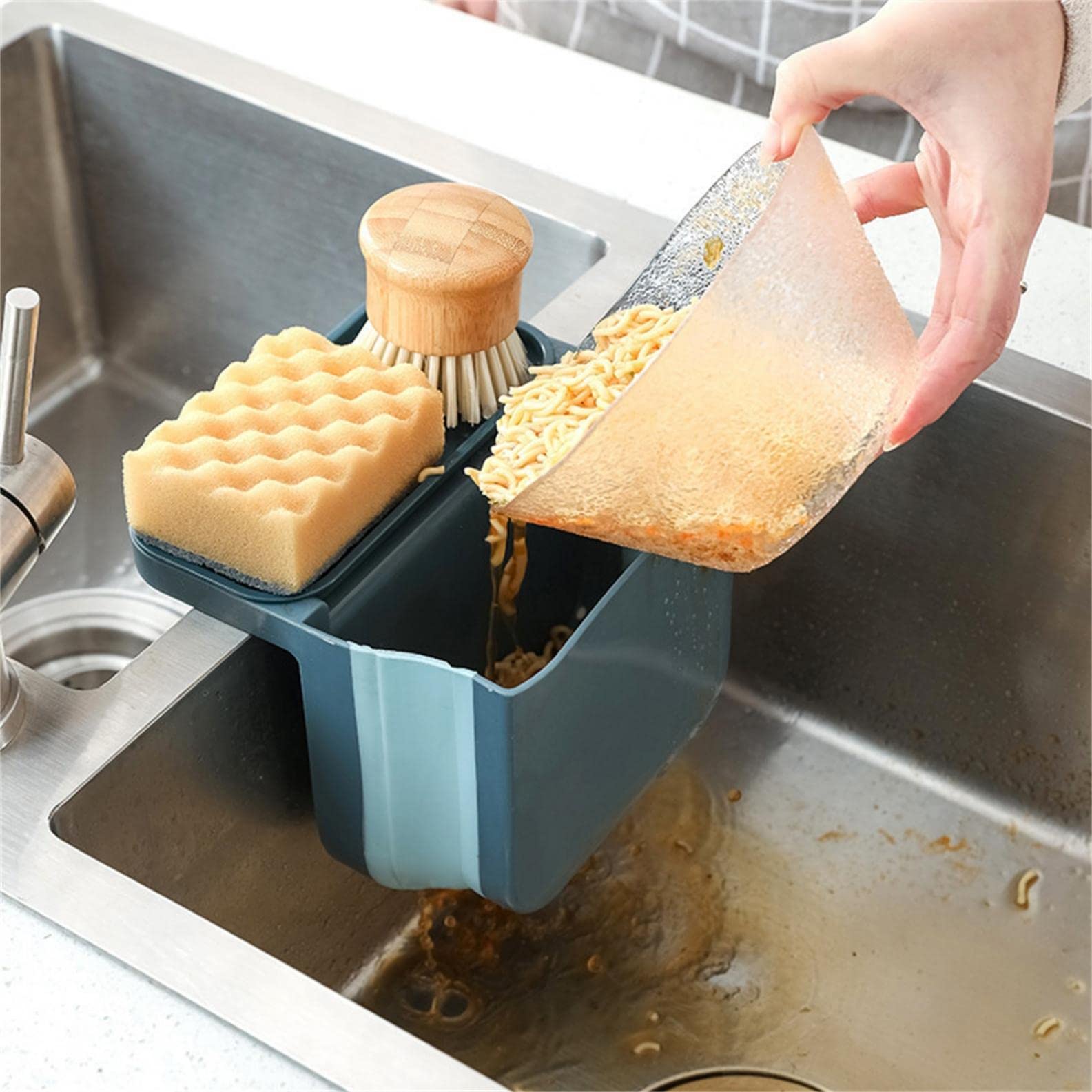 Collapsible Hanging Kitchen Trash Can with Sponge Holder - Multipurpose Sink Basket Drain Shelf Organizer for Fruits, Vegetables & Sponges - Space Saving Cabinet Door Storage Rack (Blue) | Perfect for Small Kitchens, RVs & Apartments