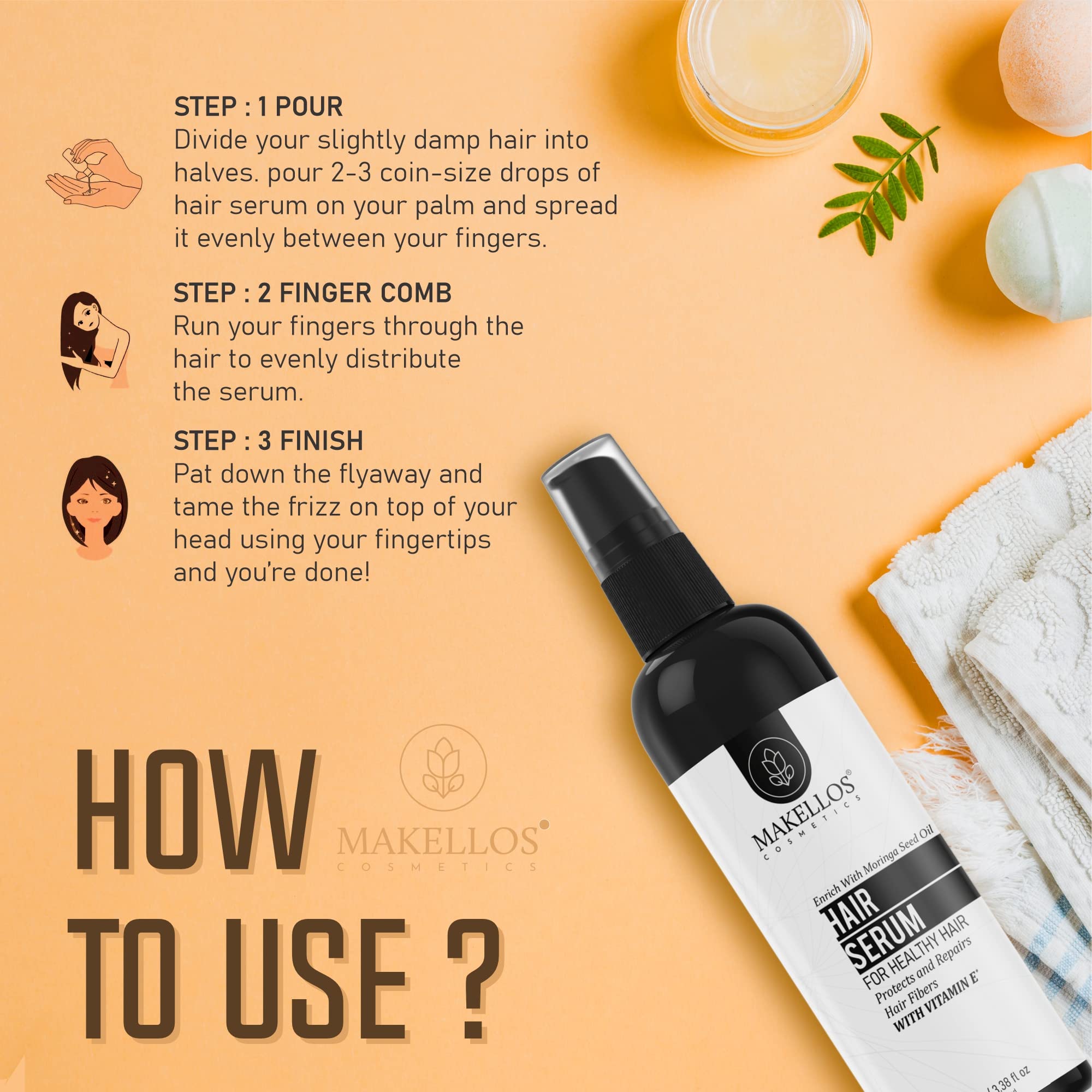 MAKELLOS Hair Repair Serum for Dry & Damaged Hair - Moringa Seed Oil & Vitamin E Treatment for Frizz Control, Hair Growth & Shine (100ml) | Best for Daily Use, Salon Results at Home