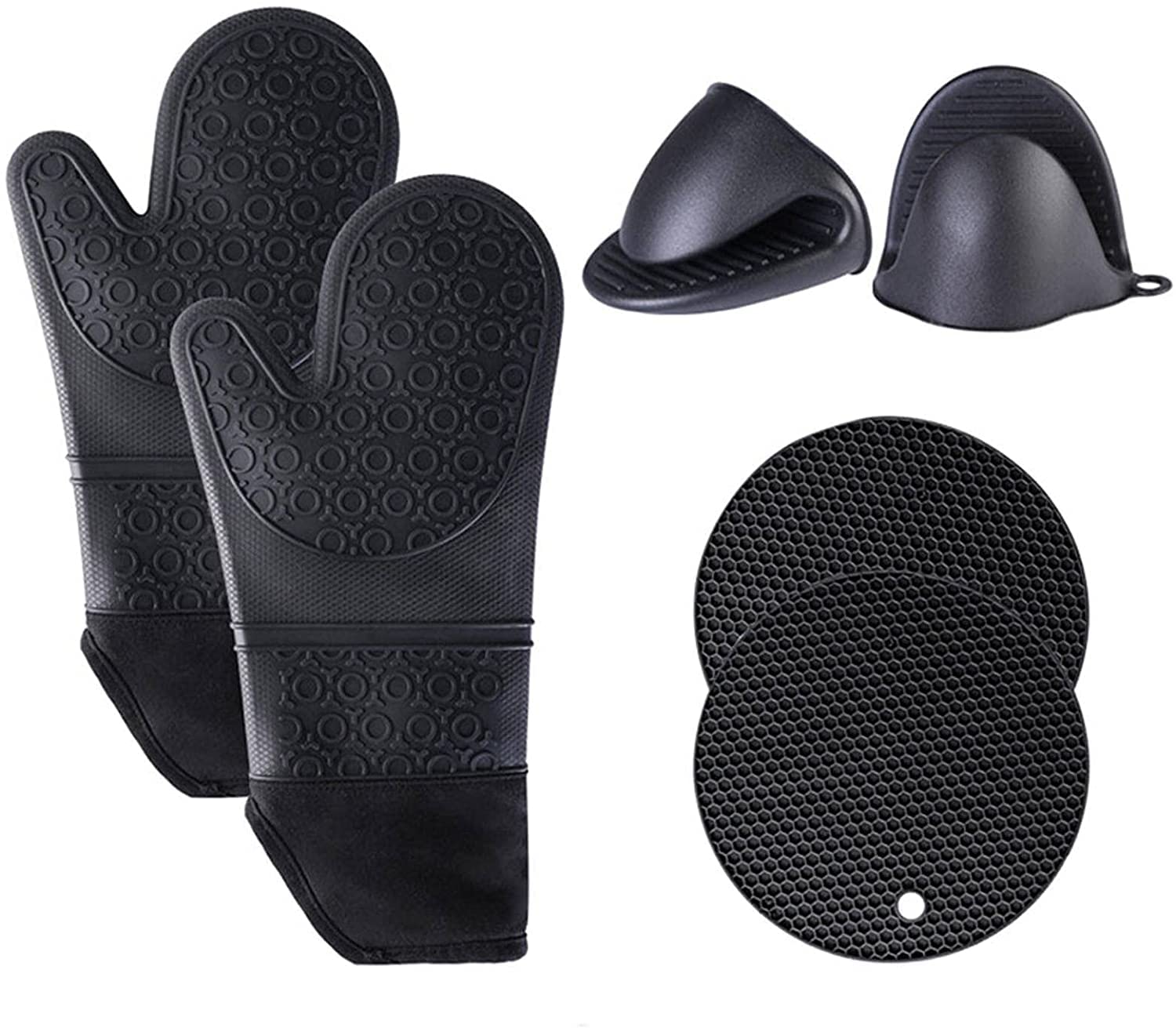 Heat Resistant Silicone Oven Mitts & Pot Holders Set - Non-Slip Textured Grip for Baking, Grilling & Cooking - Perfect for Kitchen, BBQ & Outdoor Camping (Black)