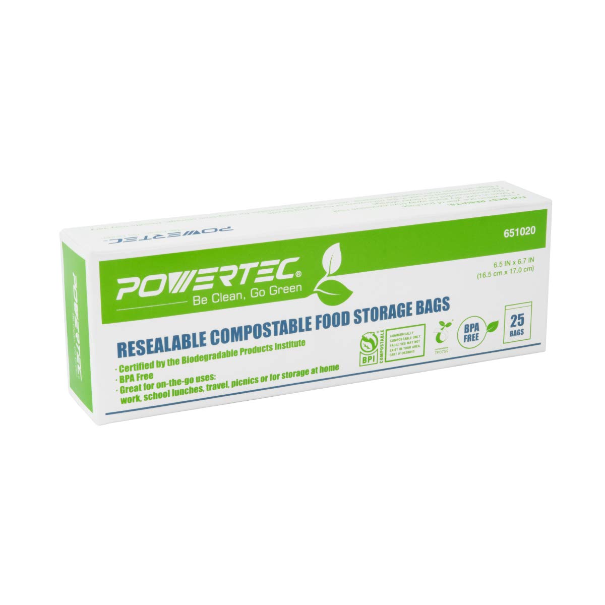 **POWERTEC 651020 100% Compostable Food Storage Bags | BPA-Free, Reusable Sandwich & Snack Bags | Eco-Friendly, Resealable (Pack of 25) | Perfect for Lunches, Picnics & Meal Prep**