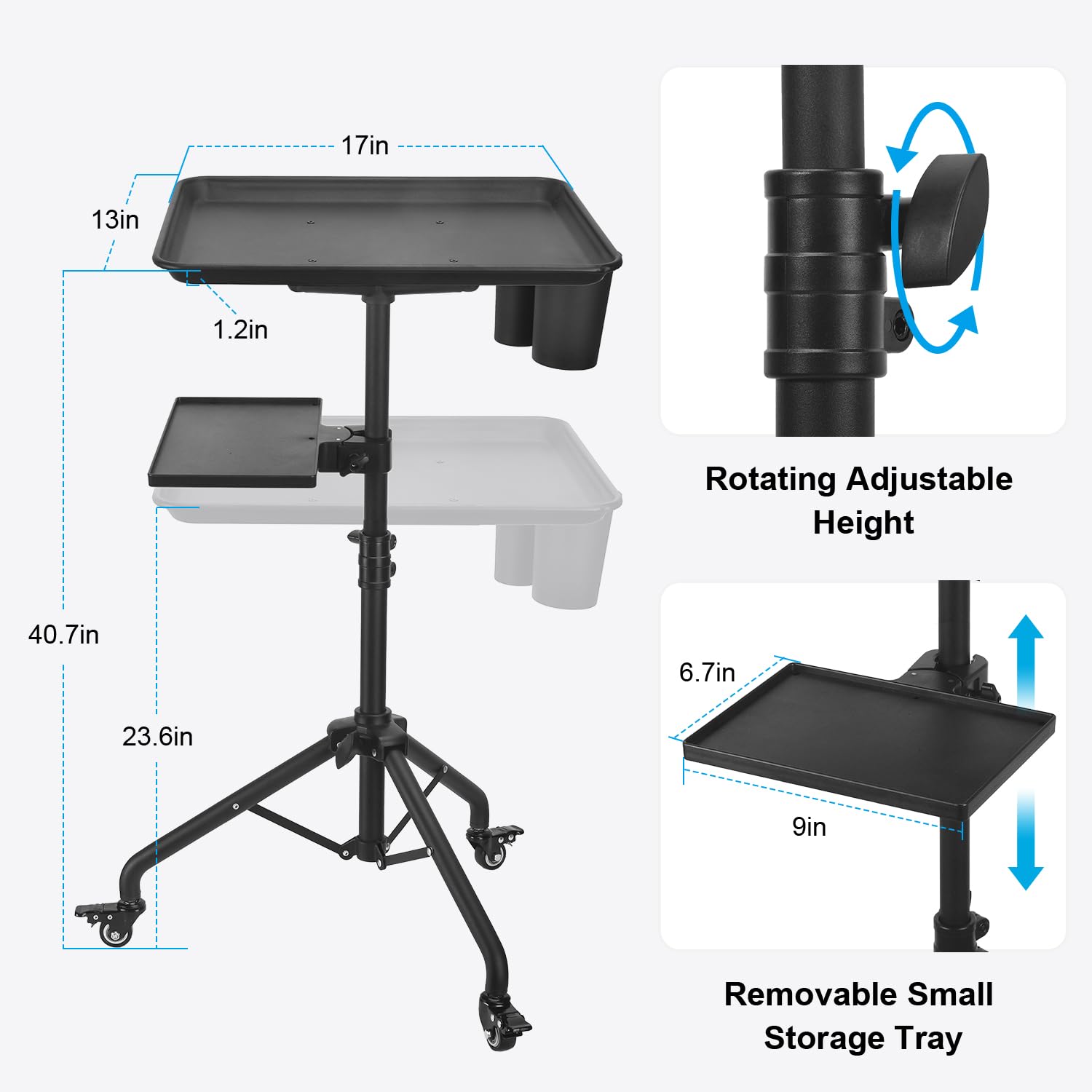 Adjustable Height Salon Tray Cart on Wheels - Aluminum Rolling Tattoo Tray with Storage Platform | Mobile Service Cart for Salon, Spa, Tattoo & Dental Use | Perfect for Styling Tools, Tattoo Supplies & Dental Equipment Organization