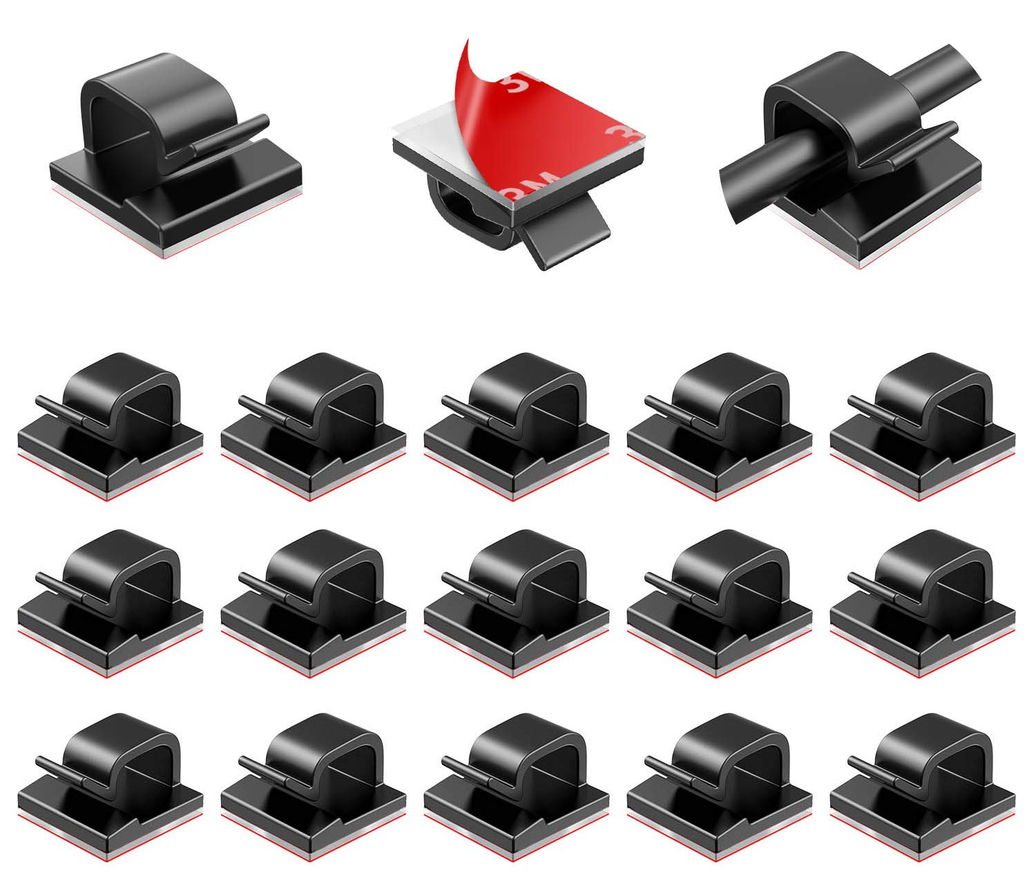 Halsouy 100pcs Strong Adhesive Cable Clips - Durable Wire Management Organizer for Home Office, Desk, TV, Computer (Black)