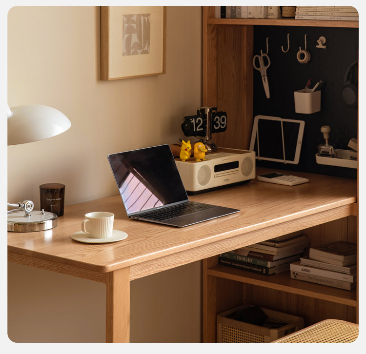 Solid Oak Wood Integrated Desk Cabinet with Storage - Modern Home Office Furniture for Work & Study