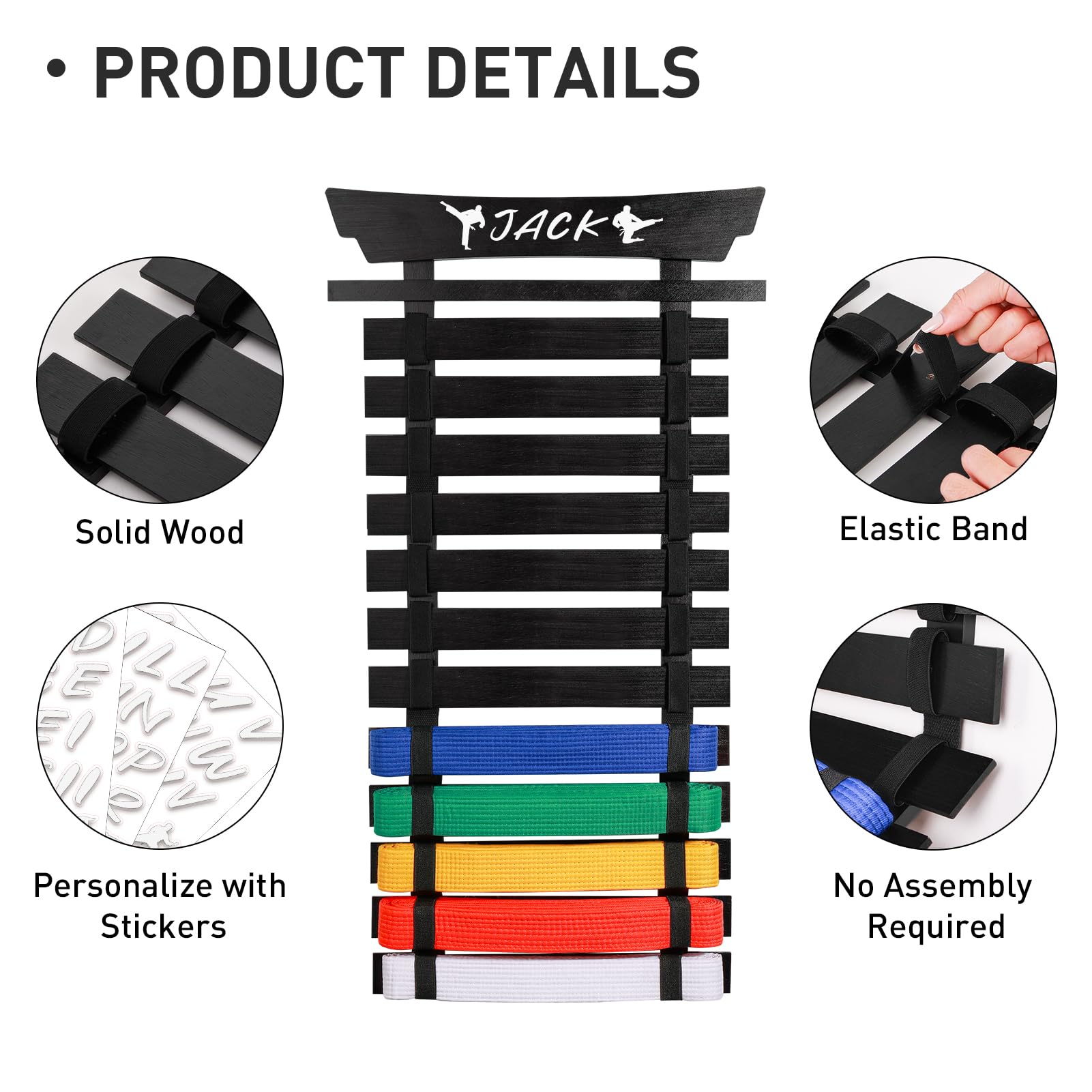 12-Slot Karate Belt Display Rack with Stickers - Martial Arts Belt Holder for Taekwondo, Jiu Jitsu & BJJ Belts - Wall Mounted Organizer for Kids & Adults - Perfect Gift for Dojo, Gym & Home Decor