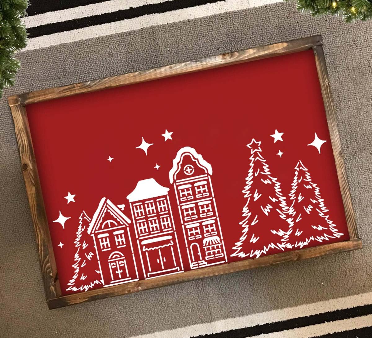 Large Reusable Christmas Stencils for Windows - Xmas Village & Tree House Holiday Drawing Templates for Painting on Wall, Canvas, Paper & Doormat | DIY Home Decor, Holiday Crafts & Festive Gift Wrapping