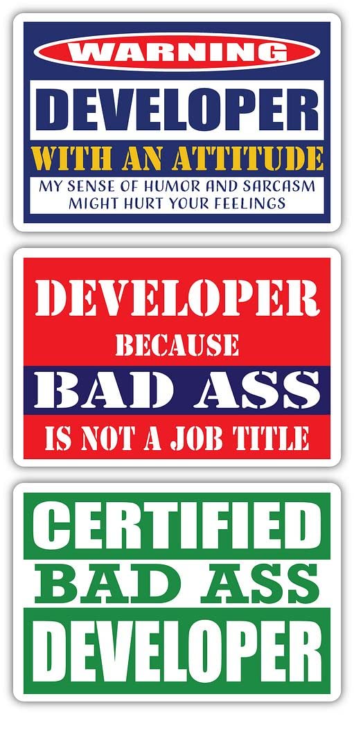 Certified Bad Ass Developer Stickers (3-Pack) - Funny Job Career Gift for Programmers - 3M Vinyl Decals for Laptops, Hard Hats, Windows - Perfect for Tech Office, Coding Workspace & Developer Gifts