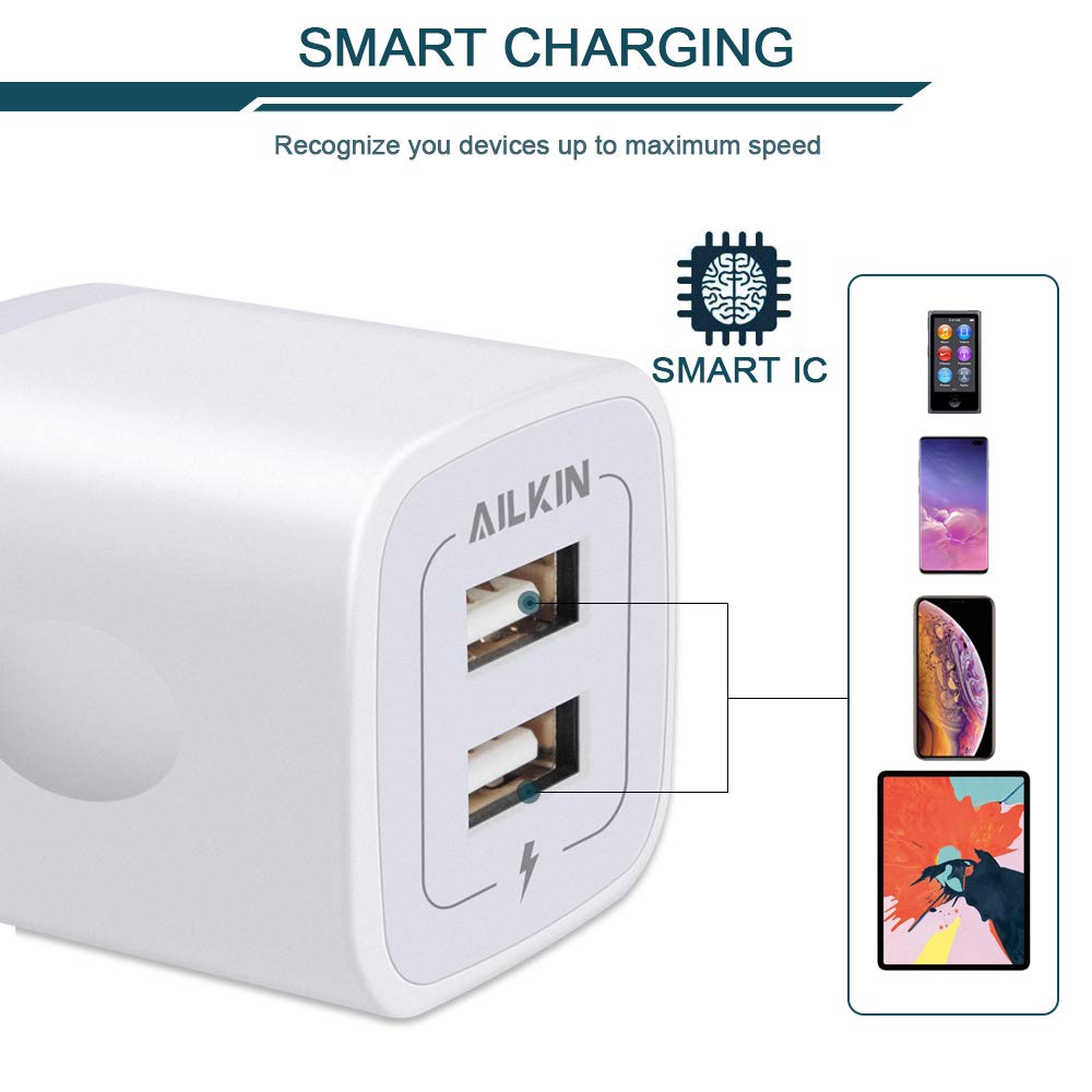 AILKIN 3-Pack Fast Wall Charger with 2-Port USB, 5V/2.1A AC Power Adapter for iPhone 15/14/13/12/SE/11Pro Max/XS/XR/8 Plus, Samsung Galaxy, Google Pixel - Perfect for Home, Office & Travel Charging