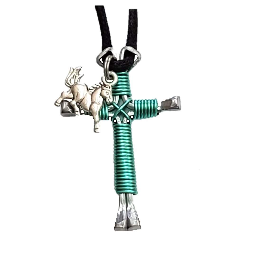 Turquoise Horseshoe Nail Cross Pendant Necklace with Horse Charm - Western Jewelry for Women, Cowgirl Fashion Accessory | Perfect for Rodeo, Country Concerts & Western Themed Events