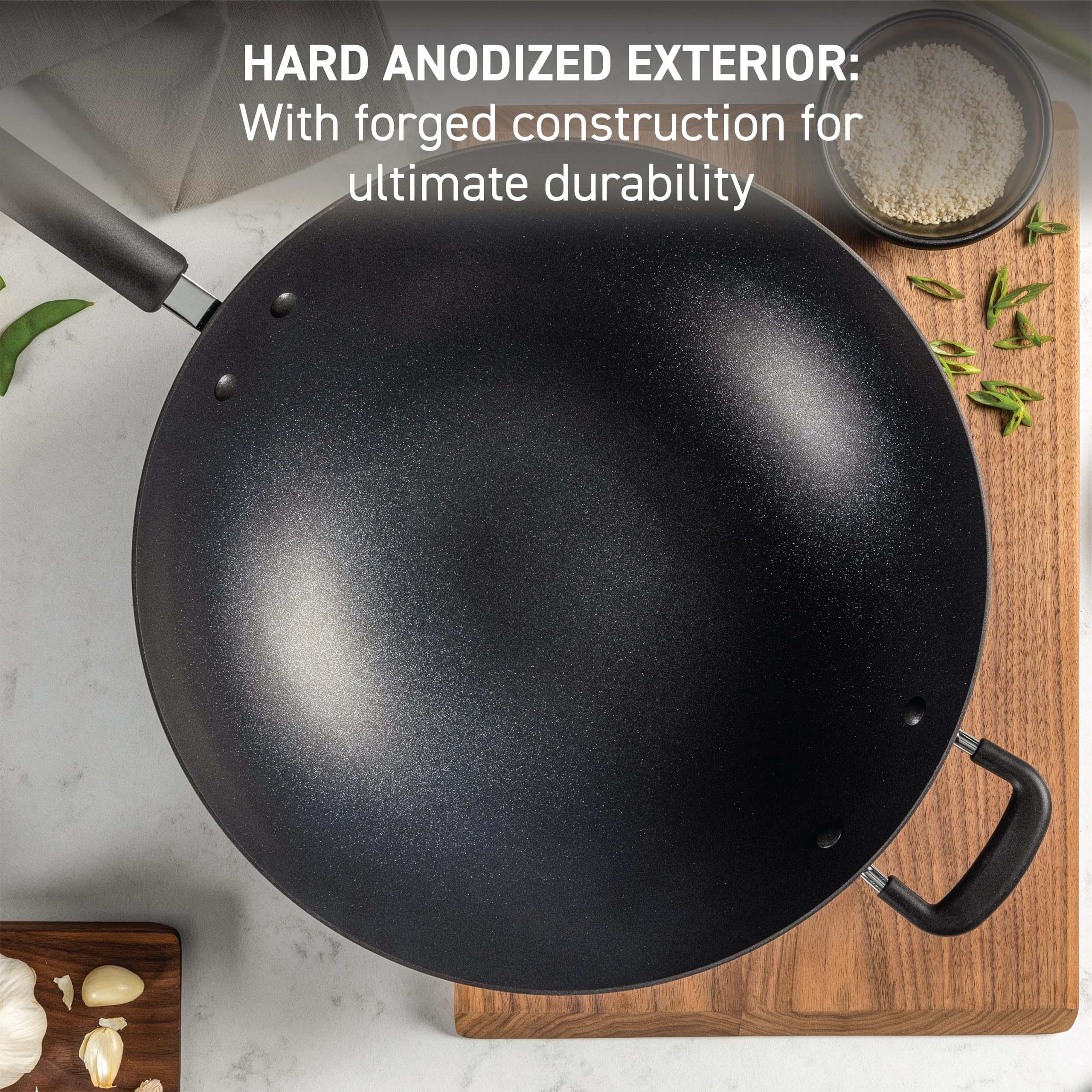 T-fal Ultimate Hard Anodized Nonstick 14-Inch Wok Pan - Oven & Broiler Safe to 350°F, Stir Fry & Deep Fry Cookware - Perfect for Sautéing, Braising, Stewing - Dishwasher Safe Black Wok for Professional & Home Kitchens - Ideal for Asian Cooking, Family Meals & Restaurant Use