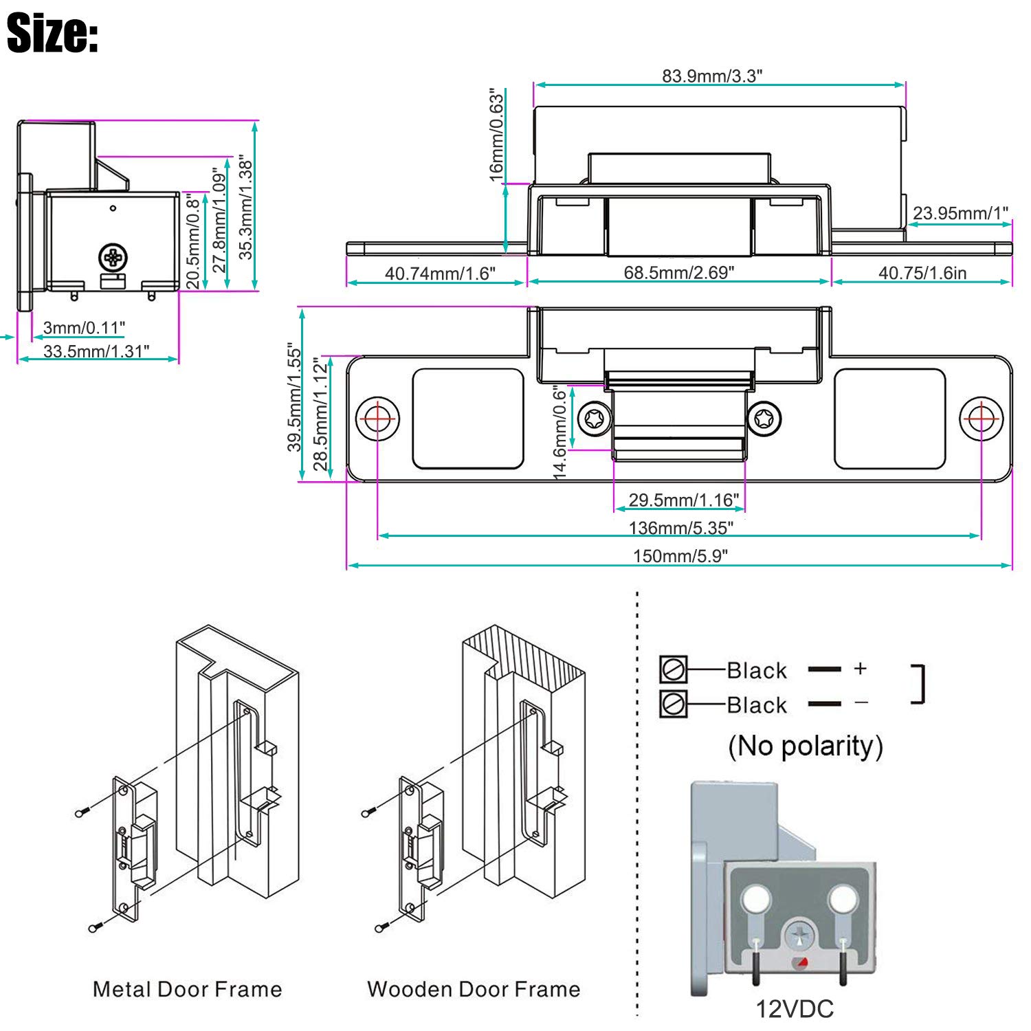 UHPPOTE Electric Strike Fail Secure NO Mode Lock - Access Control Device for Wood & Metal Doors | Ideal for Office, Home & Commercial Security Systems