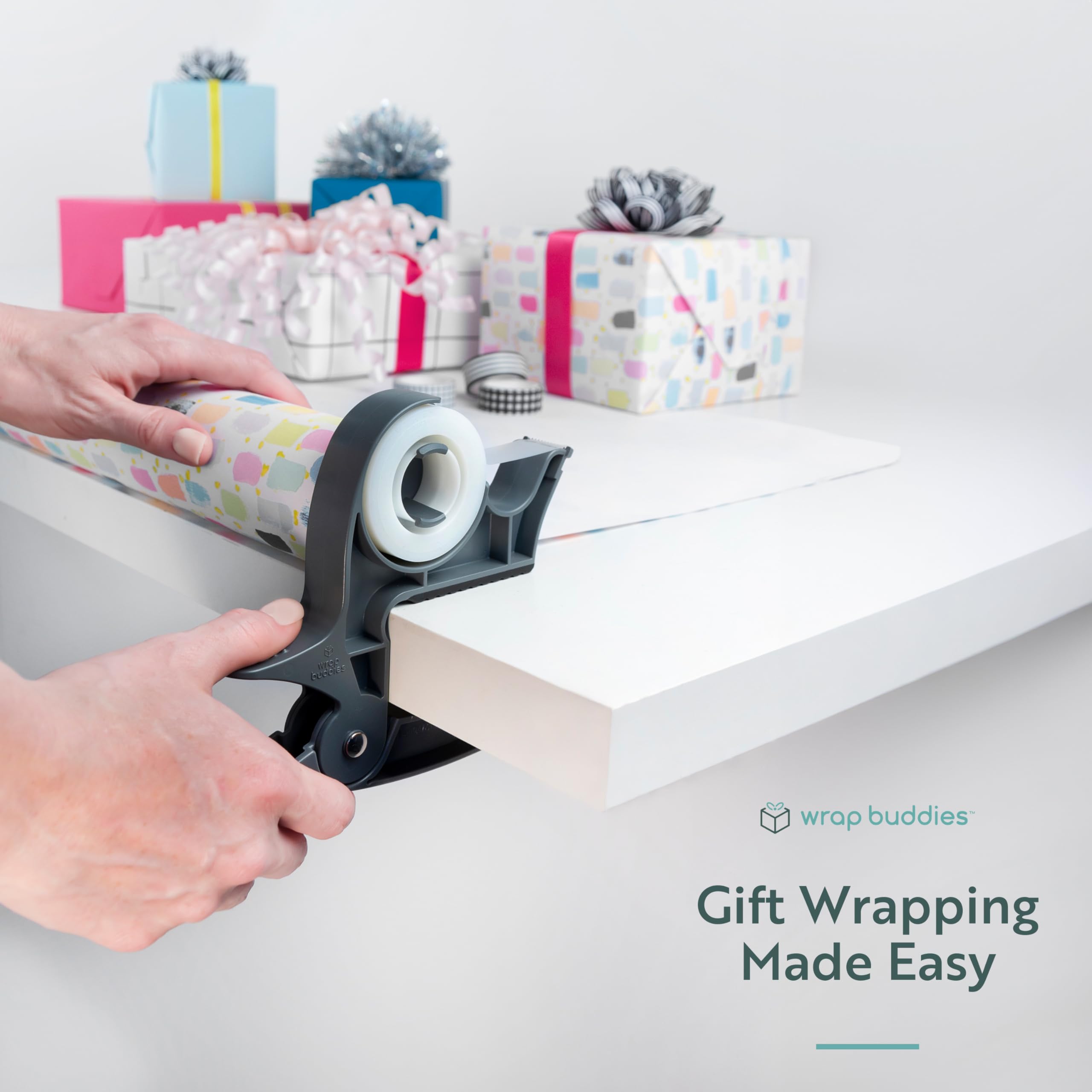 Wrap Buddies Tabletop Gift Wrapping Tool Set - 2 Clamps with Built-in Tape Dispenser for Easy Holiday Gift Wrapping (Slate Grey) - Perfect for Christmas, Birthday Presents & DIY Craft Projects