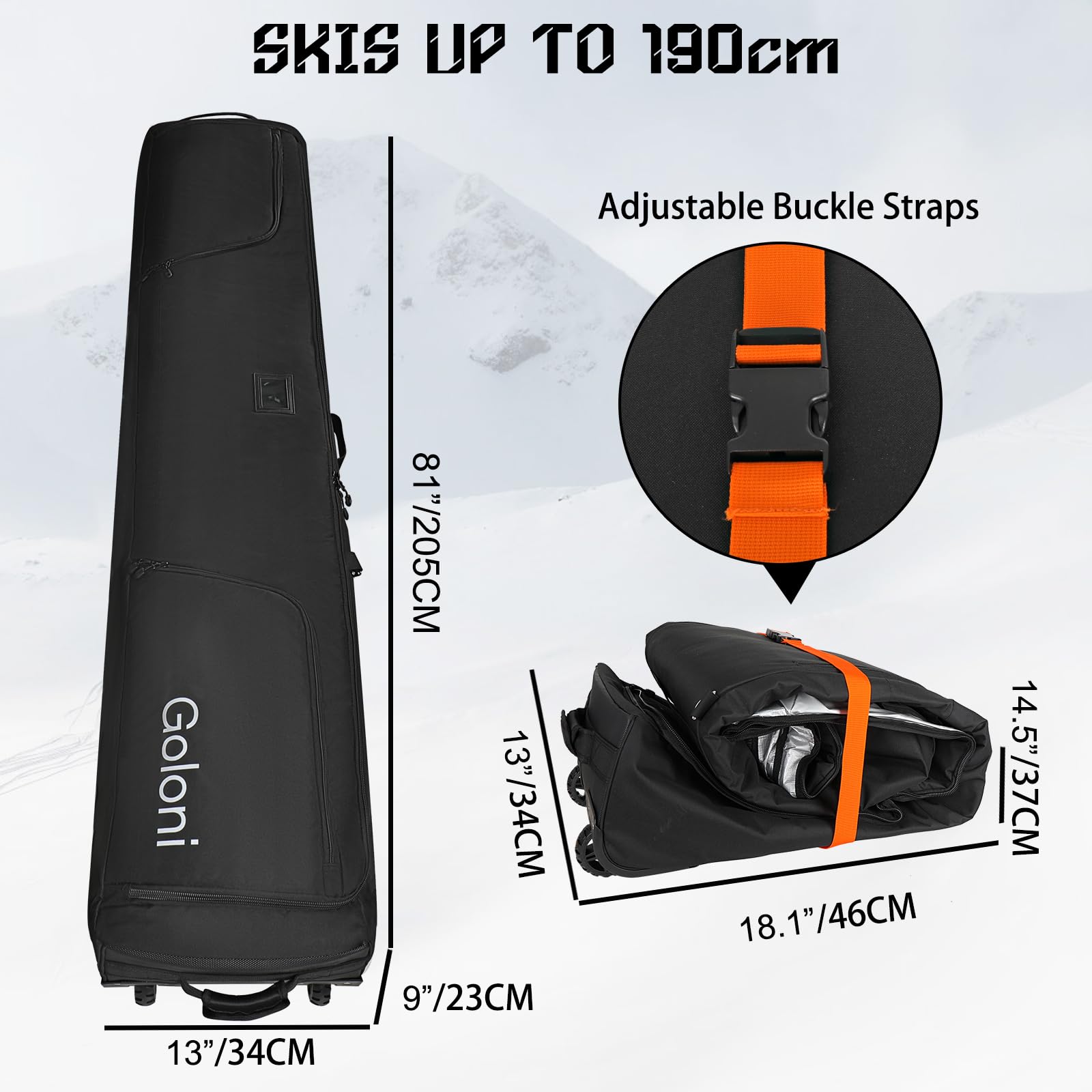 **Goloni Wheeled Ski Bag for Air Travel - Padded Snowboard Bag with 600D Waterproof Fabric, Foldable Design Fits 2 Pairs of Skis - Perfect for Winter Sports & Airplane Travel**
