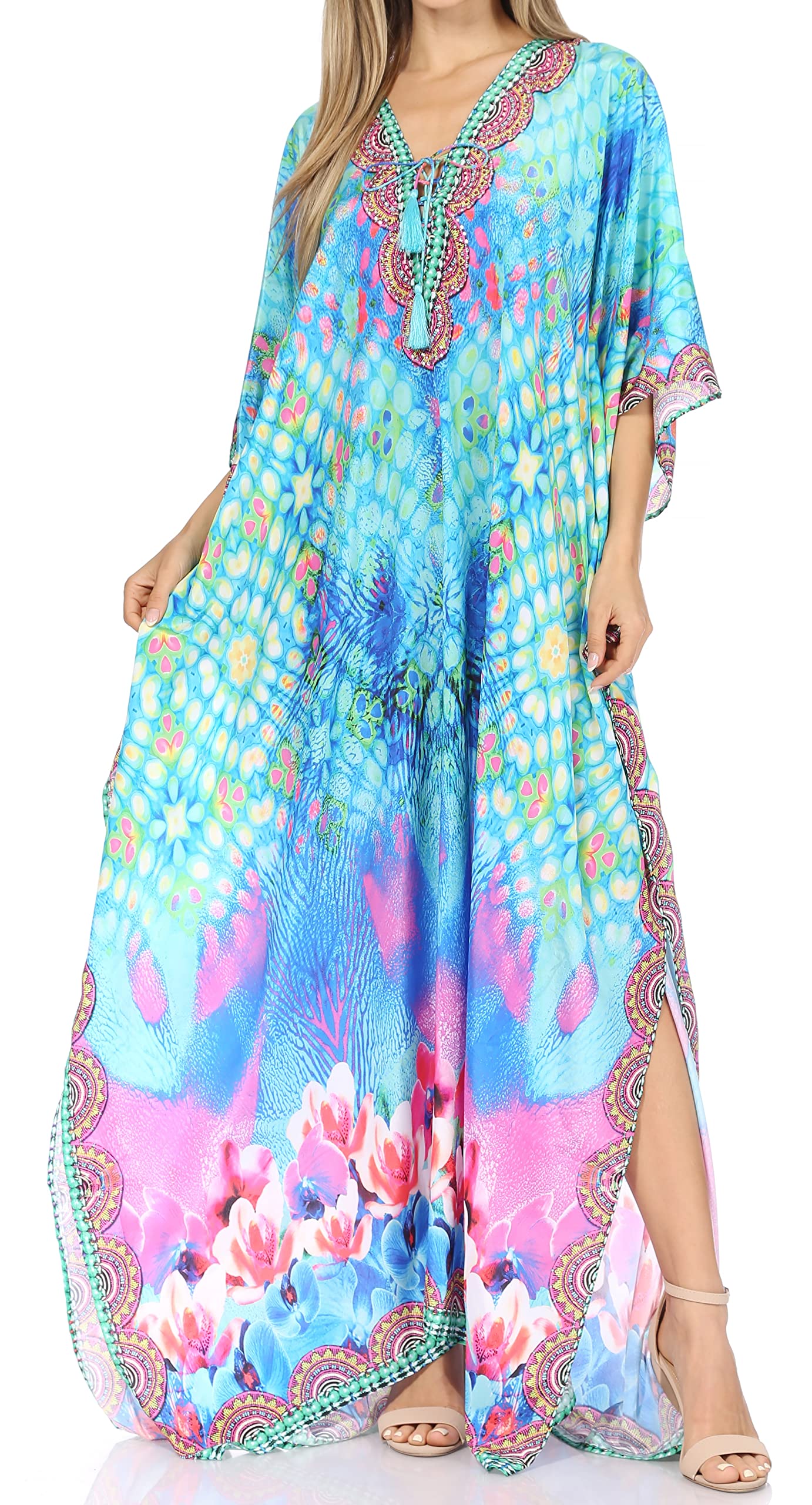 Sakkas Women's Elegant Georgette Rhinestone V-Neck Long Caftan Dress - Beach Cover Up, Evening Gown & Summer Maxi Dress for Vacation, Party & Special Occasions