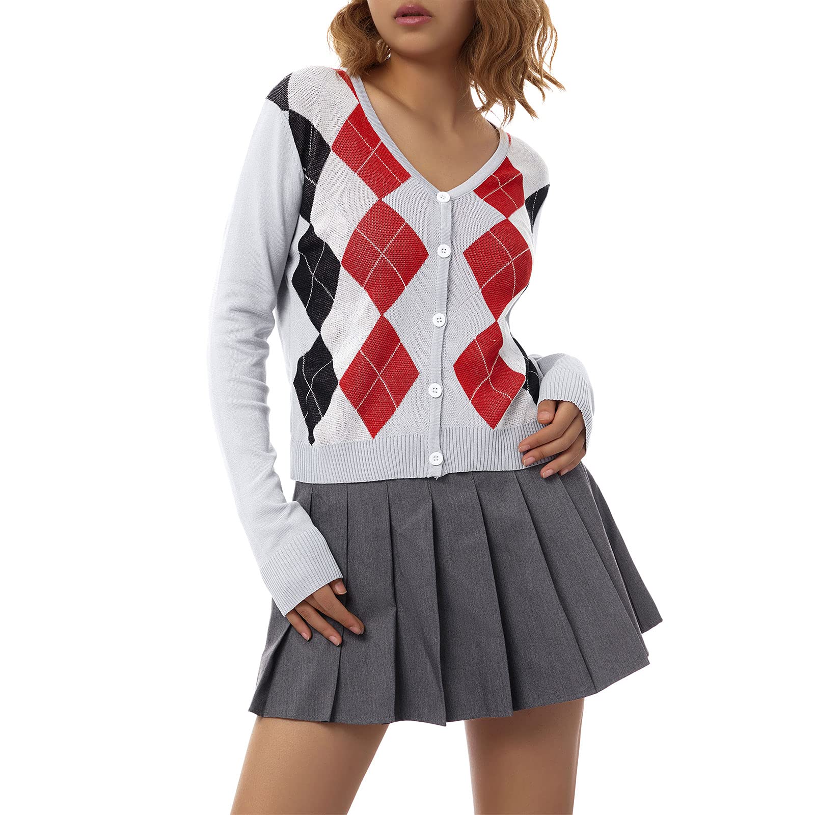 Women's Check Knit Sweater Cardigan - V Neck Long Sleeve Button Down Argyle Plaid Cropped Cardigan | Y2K Knitwear for Casual Outfits, Office Wear & Fall Fashion