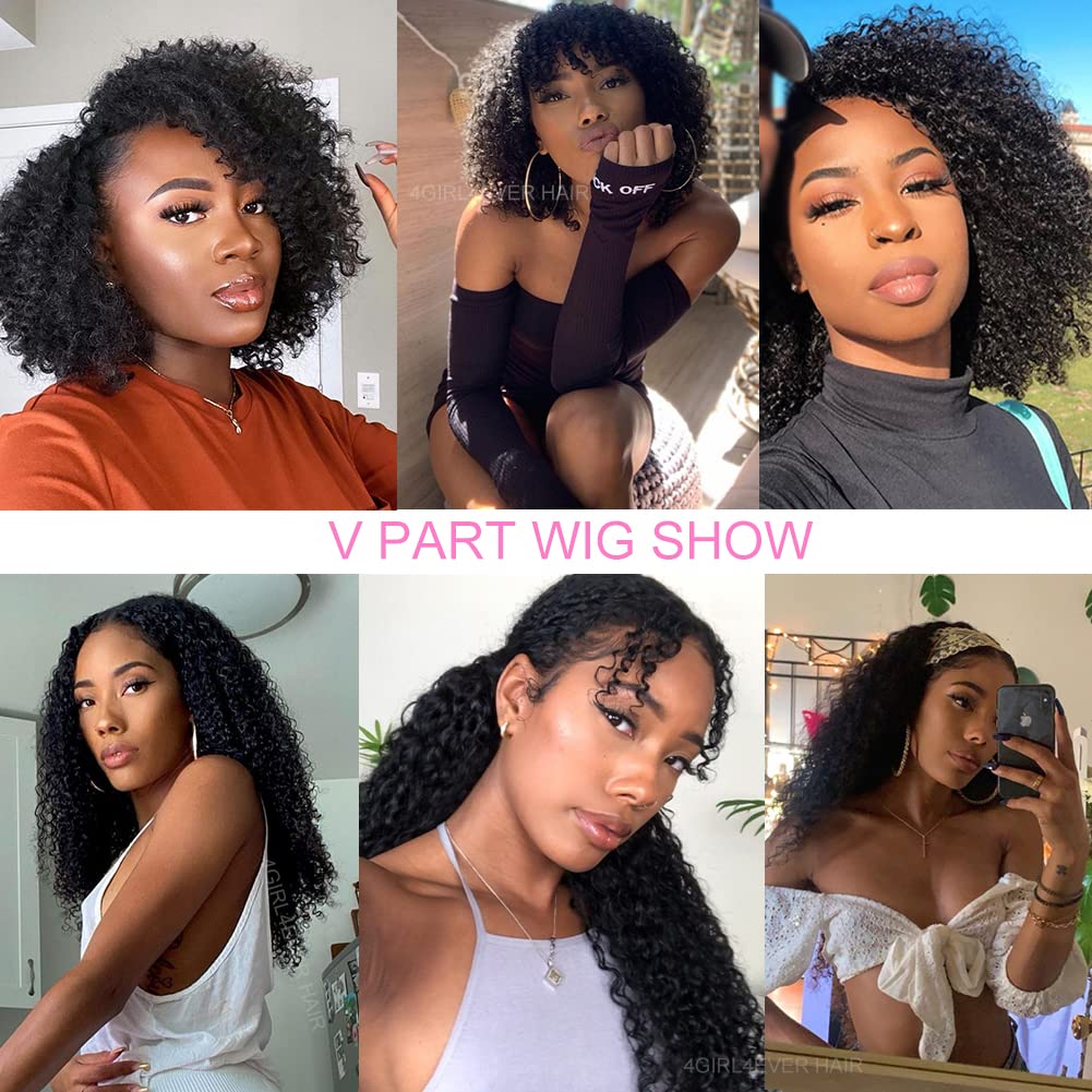 V Part Wig Human Hair Kinky Curly 20 Inch - Glueless No Leave Out U Part Wigs for Black Women | 180% Density Natural Black Human Hair Wigs | Perfect for Daily Wear, Parties & Protective Styling