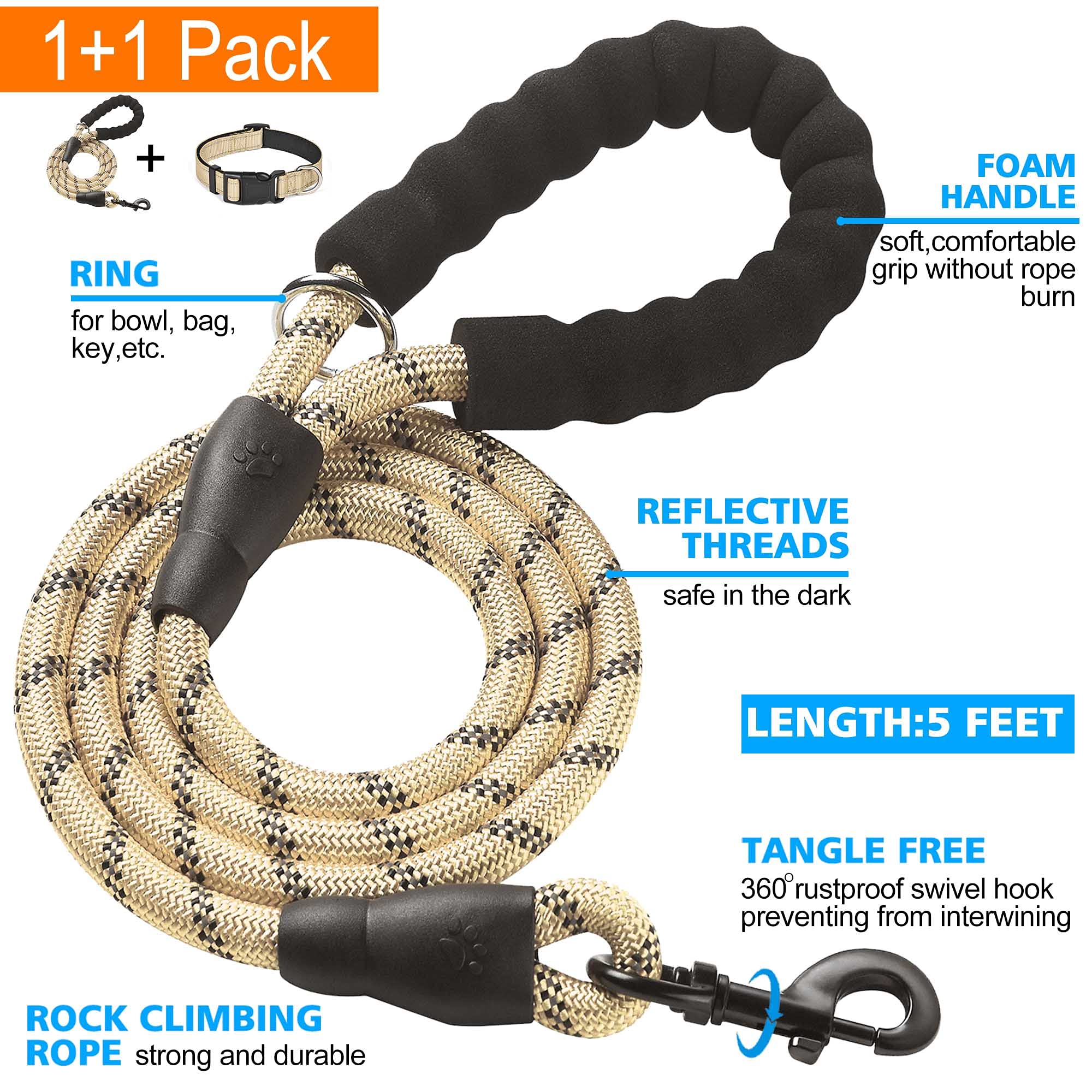 Reflective Dog Collar with Soft Neoprene Padding - Breathable Adjustable Nylon Collar for Small, Medium & Large Dogs - High Visibility Safety Collar for Night Walks (Small, Vanilla Collar + Leash) - Perfect for Evening Dog Walks, Jogging & Outdoor Adventures