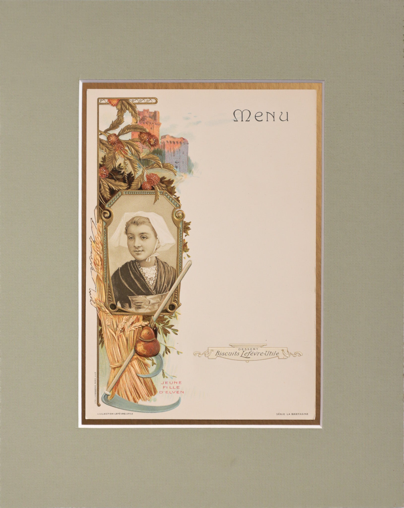 1900 Original French Advertising Menu (Jeune Fille d'Elven) Matted - Vintage French Restaurant Menu Art Print - Perfect for Home Decor, Office Wall Art & Antique Collectors
