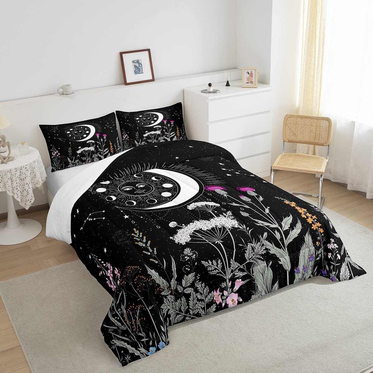 Feelyou Queen Size Sun and Moon Bedding Set - Galaxy Constellation Comforter with 2 Pillowcases, Black & White Astrology Themed Quilt for Kids, Boys & Girls | Perfect for Space-Themed Bedrooms, Teen Rooms & Celestial Decor